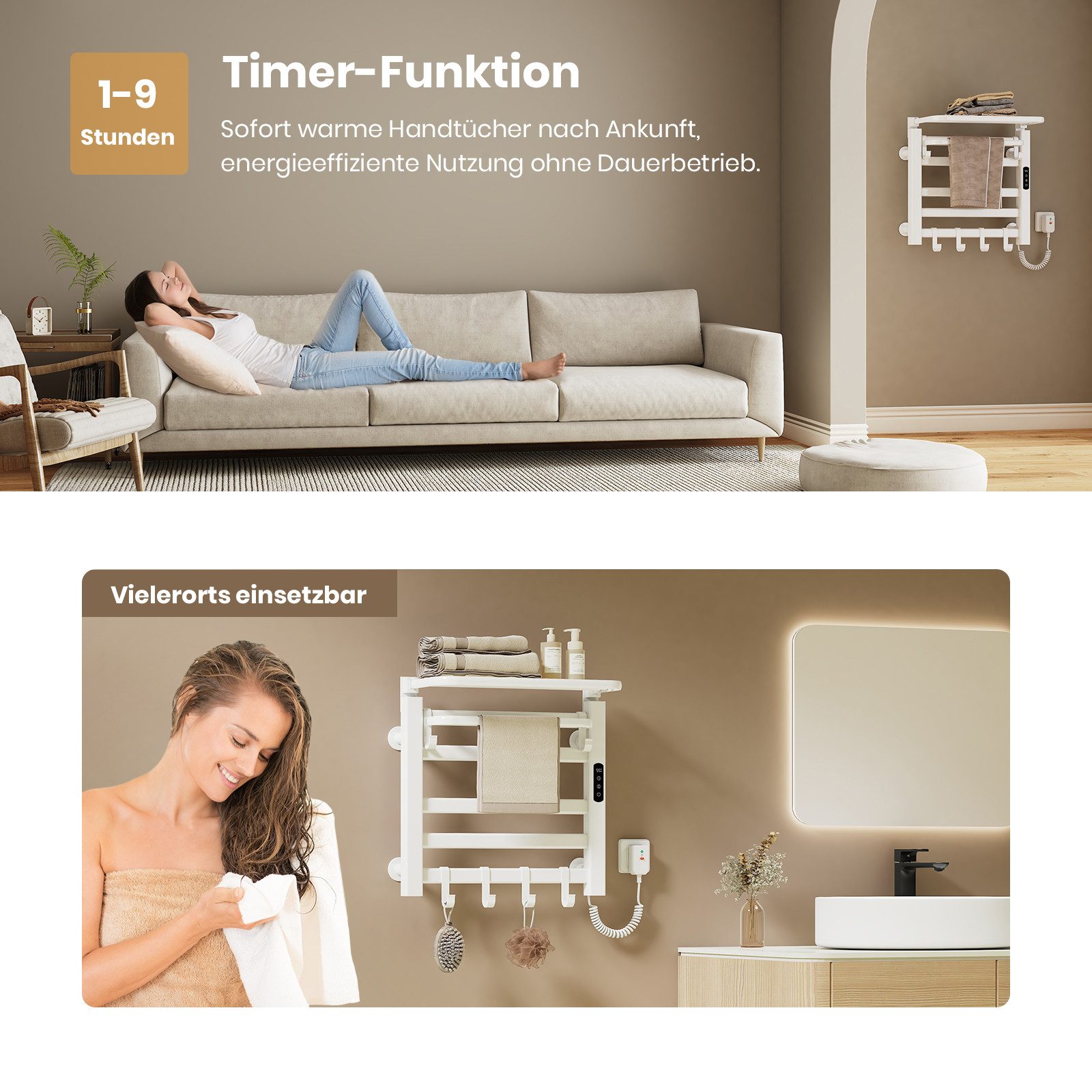 EMKE Elektrischer Badheizkörper Handtuchwärmer mit intelligentem Thermostat undklappbarer Ablage, in gerader Ausführung 50 × 50 cm, mit Handtuchstange und 6 Hak – Bild 4 von 5