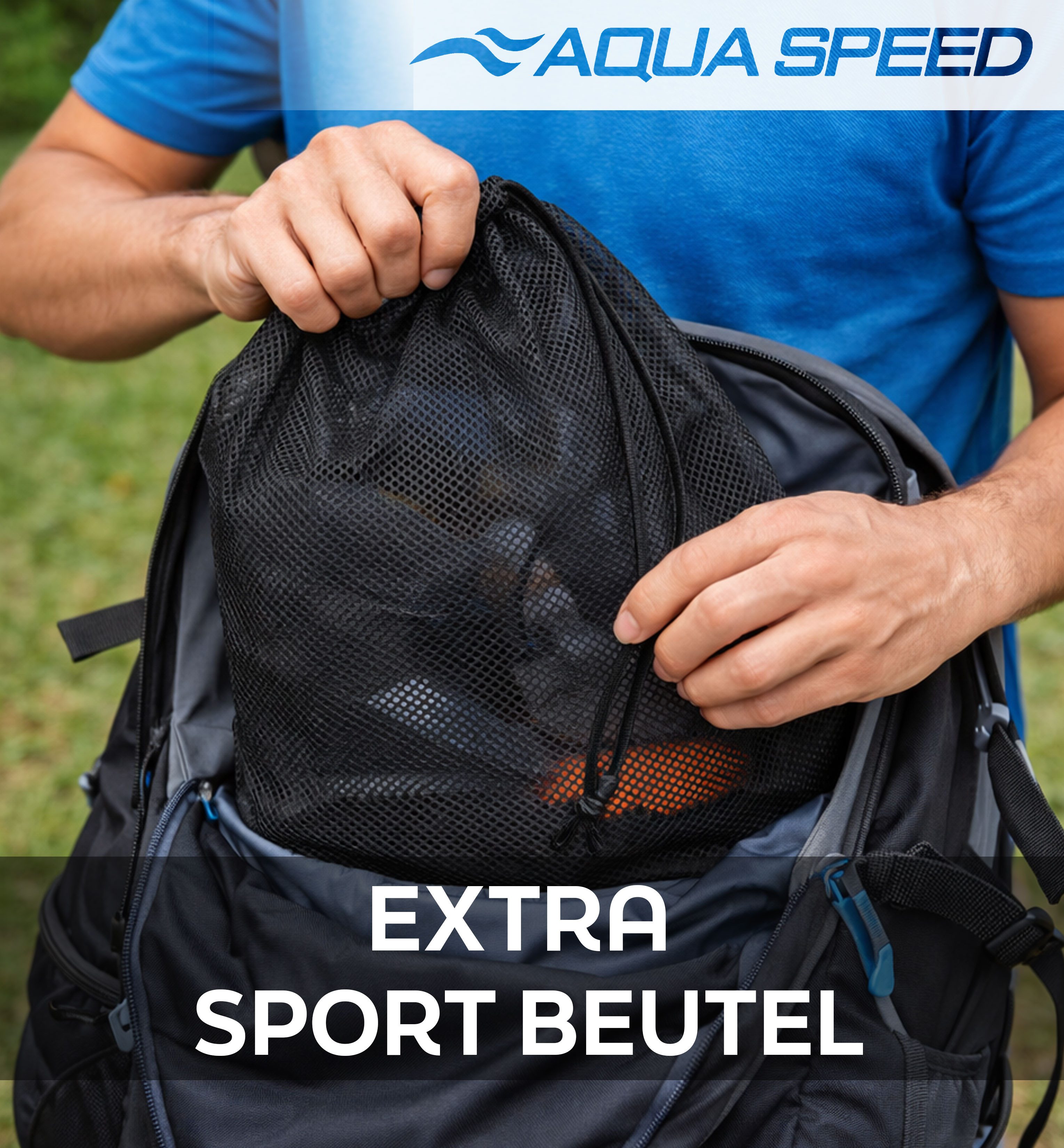 Aqua Speed Turnbeutel Netzbeutel Mesh Wassersport Tasche 46x76cm blau (Großer Transportbeutel für Schwimm- & Tauchausrüstung), Komfortabler Schultergurt für ein – Bild 4 von 5