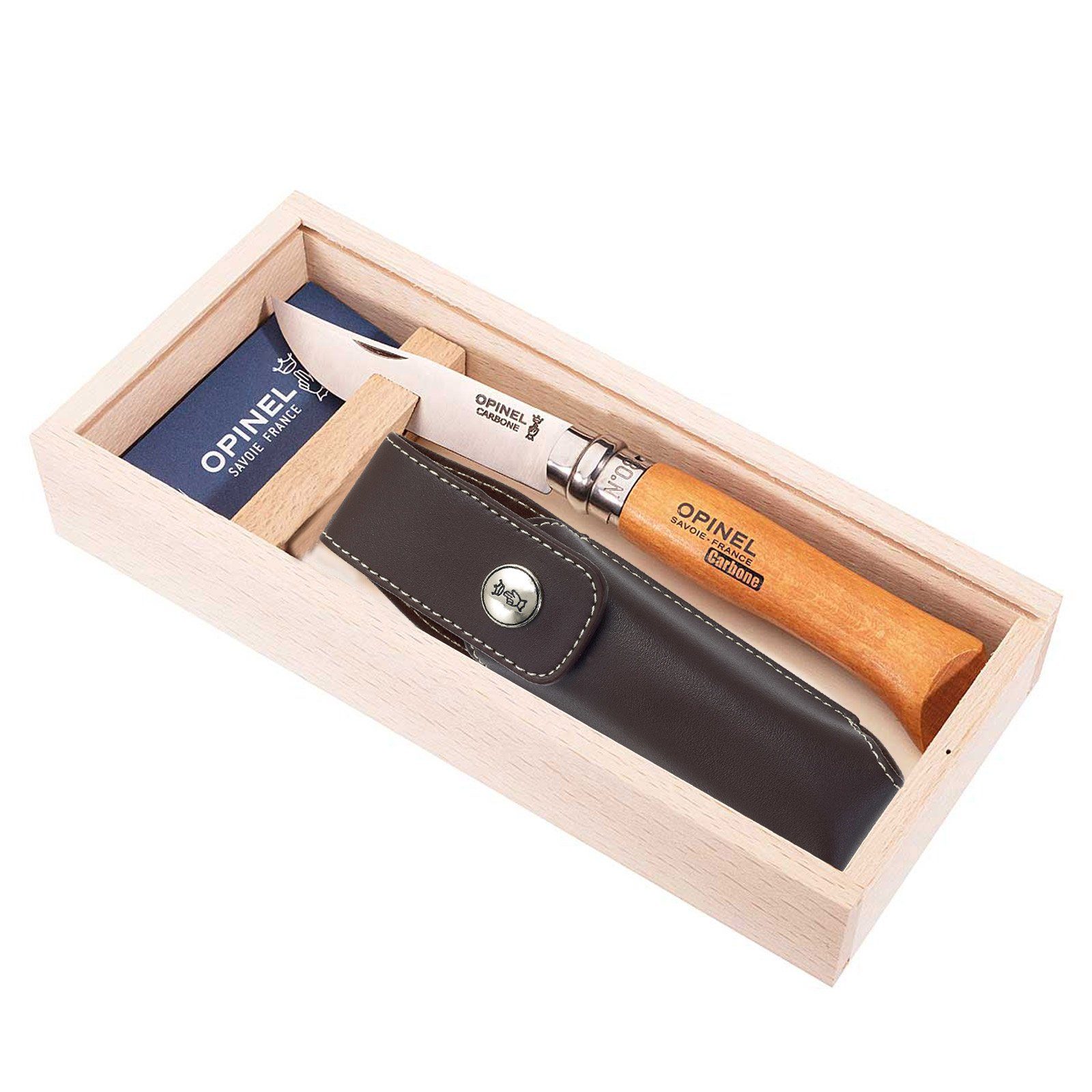 Opinel Taschenmesser Geschenk Set Messer No. 8 + Etui, Klappmesser Taschenmesser Carbon Stahl
