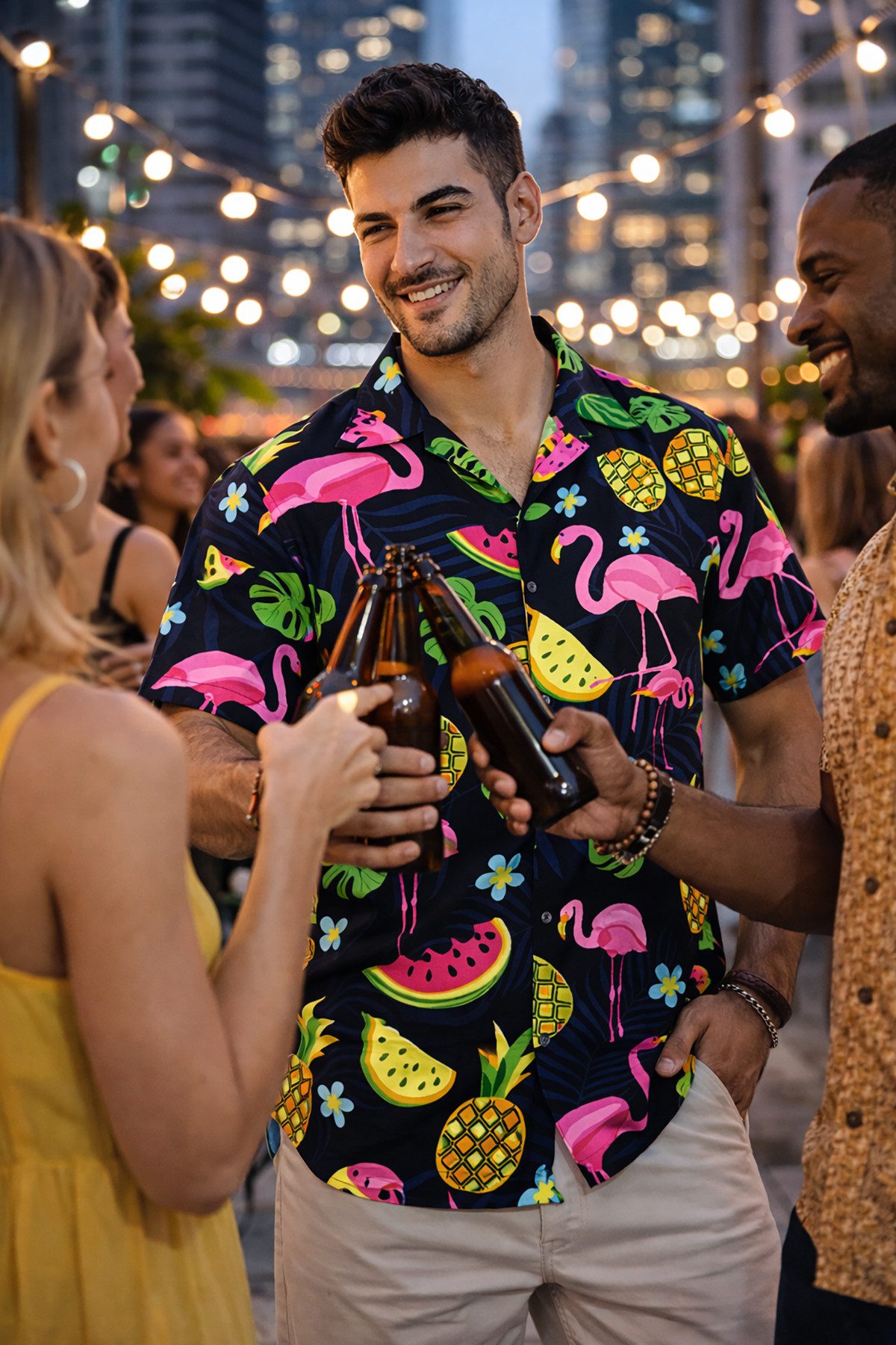 King Kameha Hawaiihemd "Flamingo Melone" Funky Hawaiihemd Herren Kurzarm Fronttasche Stylish