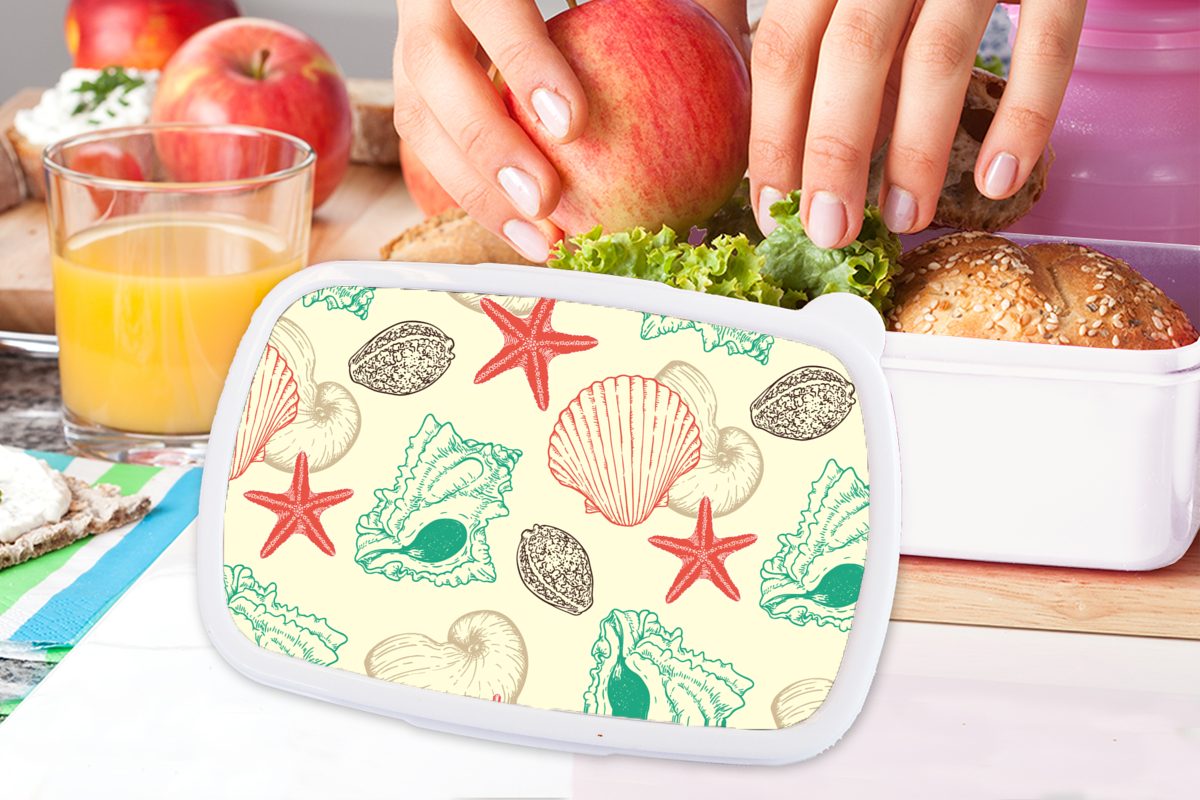 MuchoWow Lunchbox Muscheln Seestern Brotbox und Vintage Mädchen (2-tlg), - weiß Kinder Strand und - für Muster, Kunststoff, für - Jungs Erwachsene, Brotdose, 