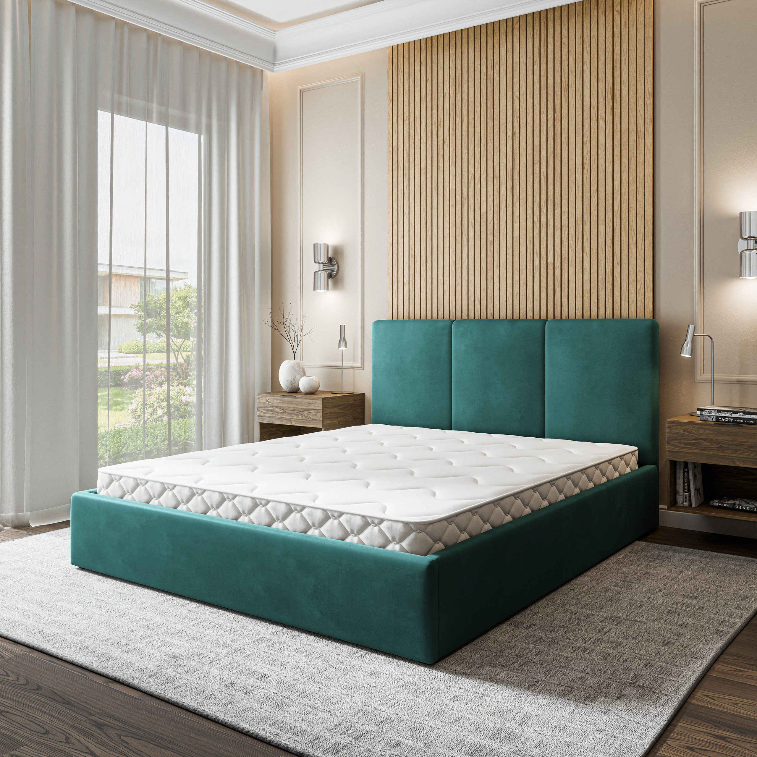 Masseno Polsterbett AZURI 120x200 cm blau (mit Bettkasten und Lattenrost)