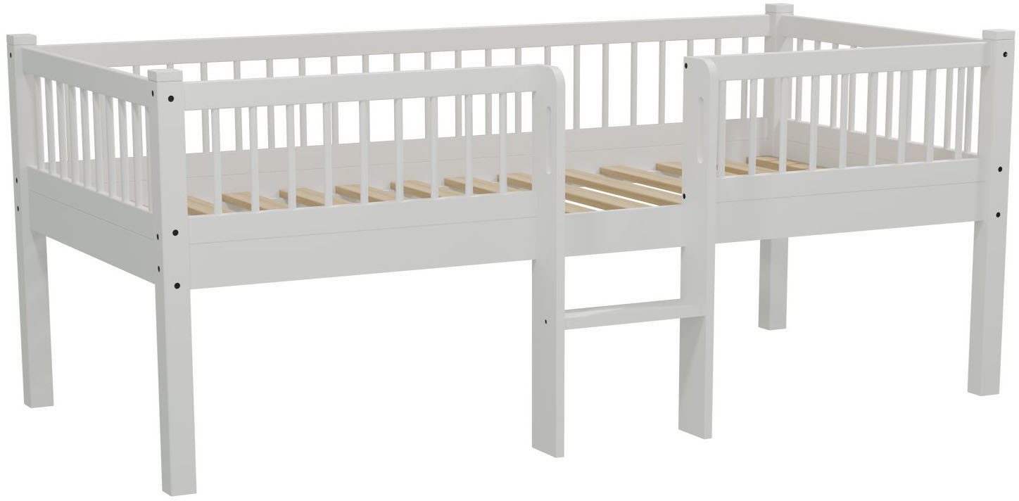 Vipack Massivholzbett Forrest Massivholzbett Made in Europe, stabil und hochwertig gebaut (90/200 cm, mit Rollrost und Leiter, seitenverkehrt montierbar), inkl. umlaufenden Absturzschutz in Sprossenoptik, Buche weiß lackiert