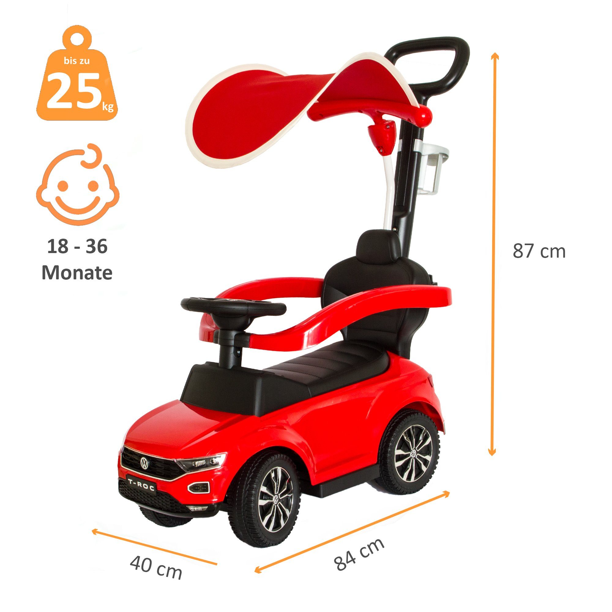 Lemodo Rutscherauto Rutschauto mit Schiebestange und Dach, Babyrutscher, VW Rutscher mit Schiebestange, Dach und Fußablage