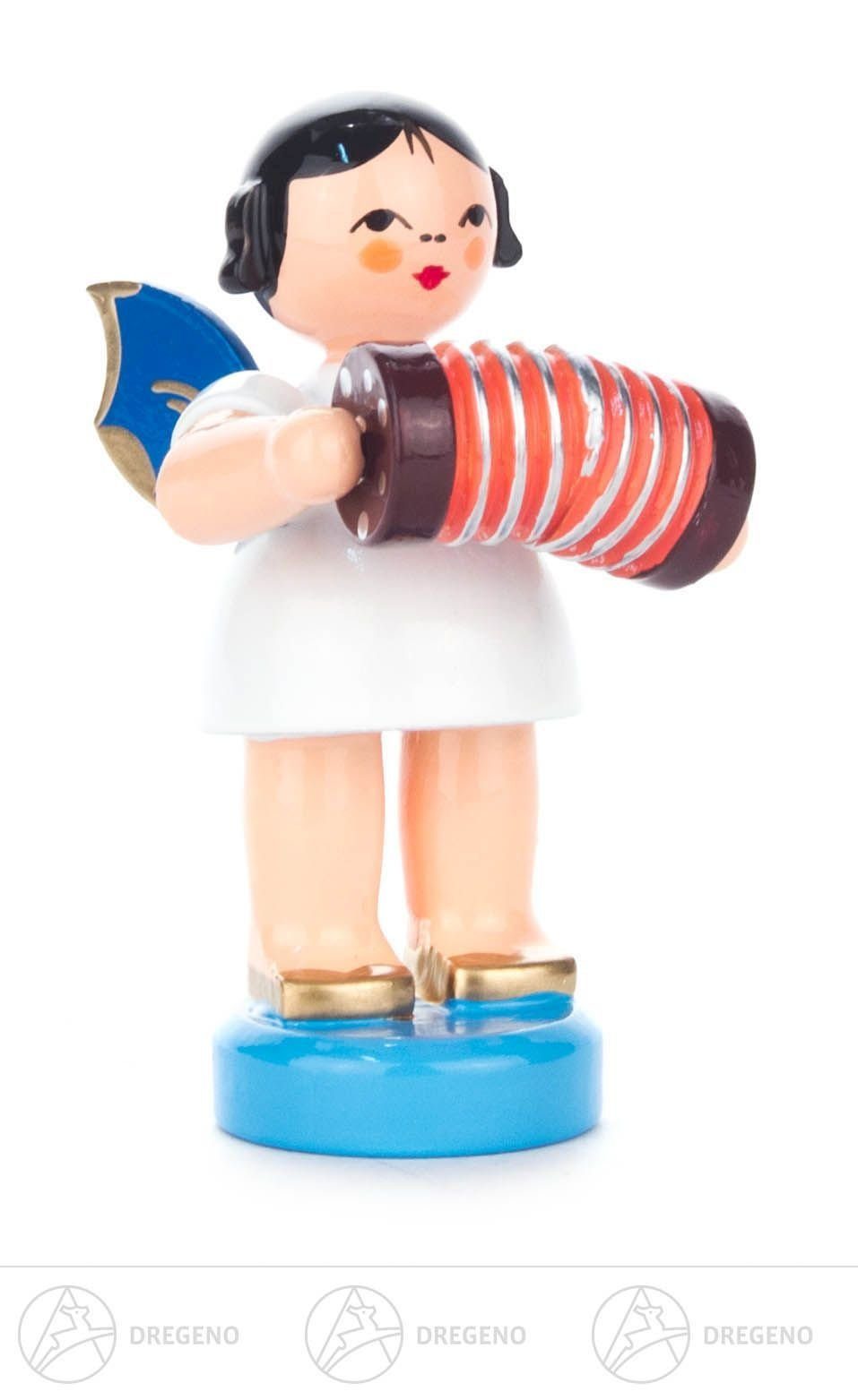 Dregeno Erzgebirge Engelfigur Engel mit Konzertina stehend, blaue Flügel Höhe ca 5,5 cm NEU