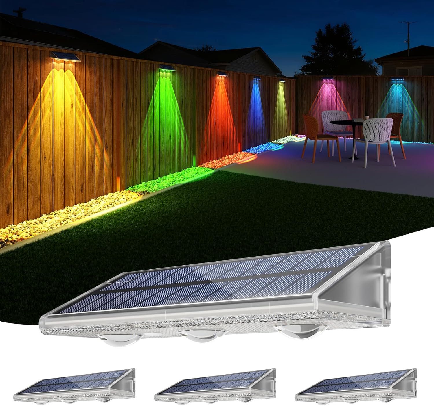 Futicare LED Außen-Wandleuchte Solar, Warmweiß & RGB 6 Farben, IP67, Solarleuchte für Zaun, Garten, Terrasse, Stufen, 4er Set