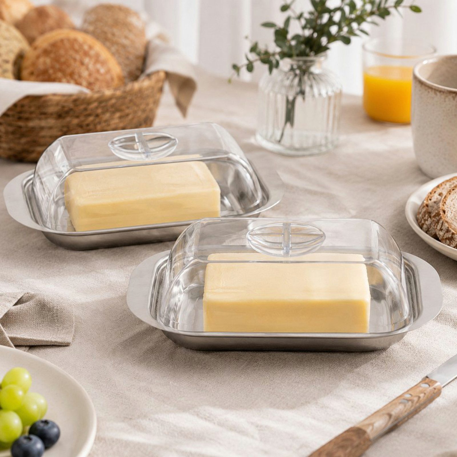 Haushalt International Butterdose Butterbehälter Butterglocke Edelstahl Kunststoff 17x11x5,5cm, Edelstahl, (Set, 2-tlg., 1 Dose), Unterteller Edelstahl, 2tlg, Deckel Kunststoff, Butter, Margarine