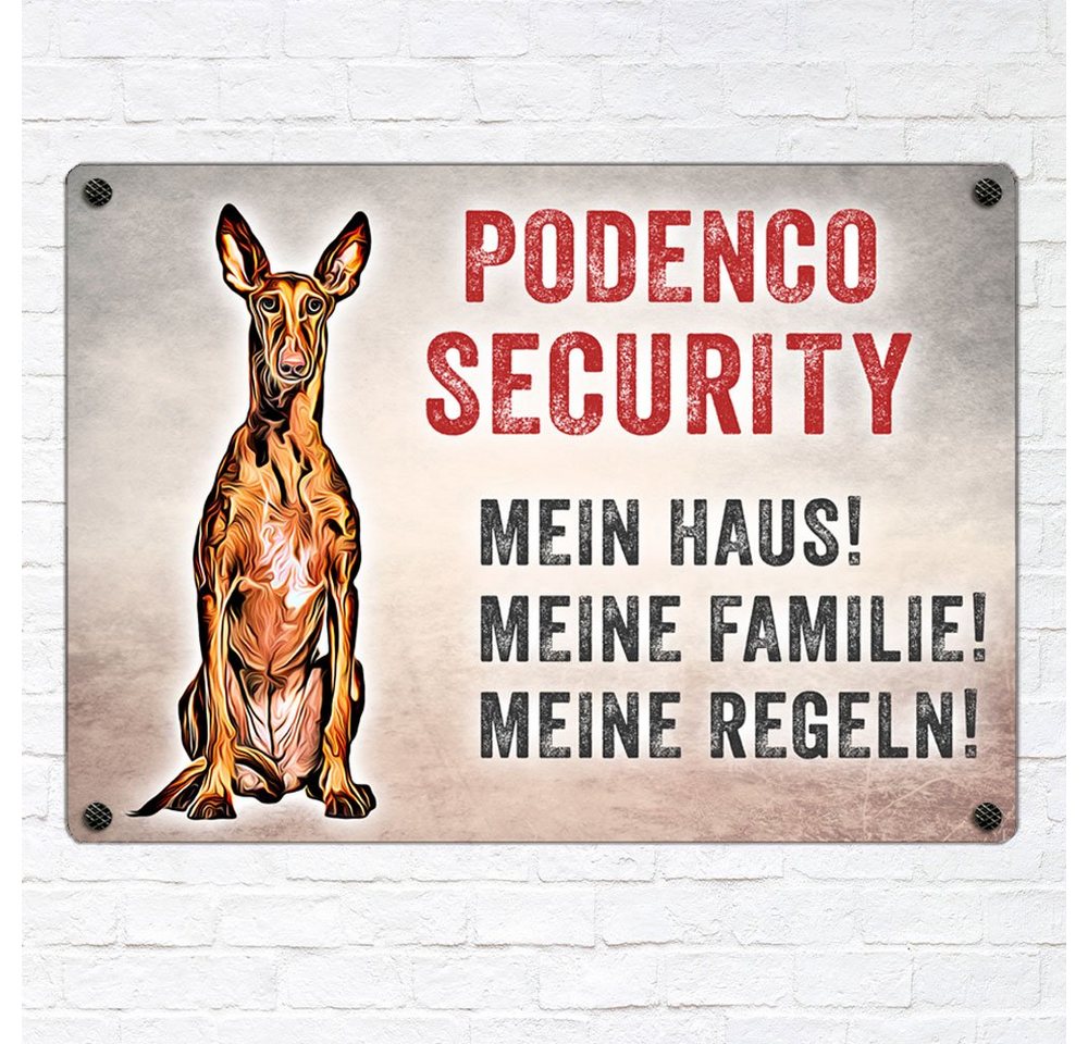 Thumbnail - Cadouri Warnschild Hundewarnschild PODENCO SECURITY - Hinweisschild mit Hunderasse, (1 St., Metallschild mit vier vorgeb...