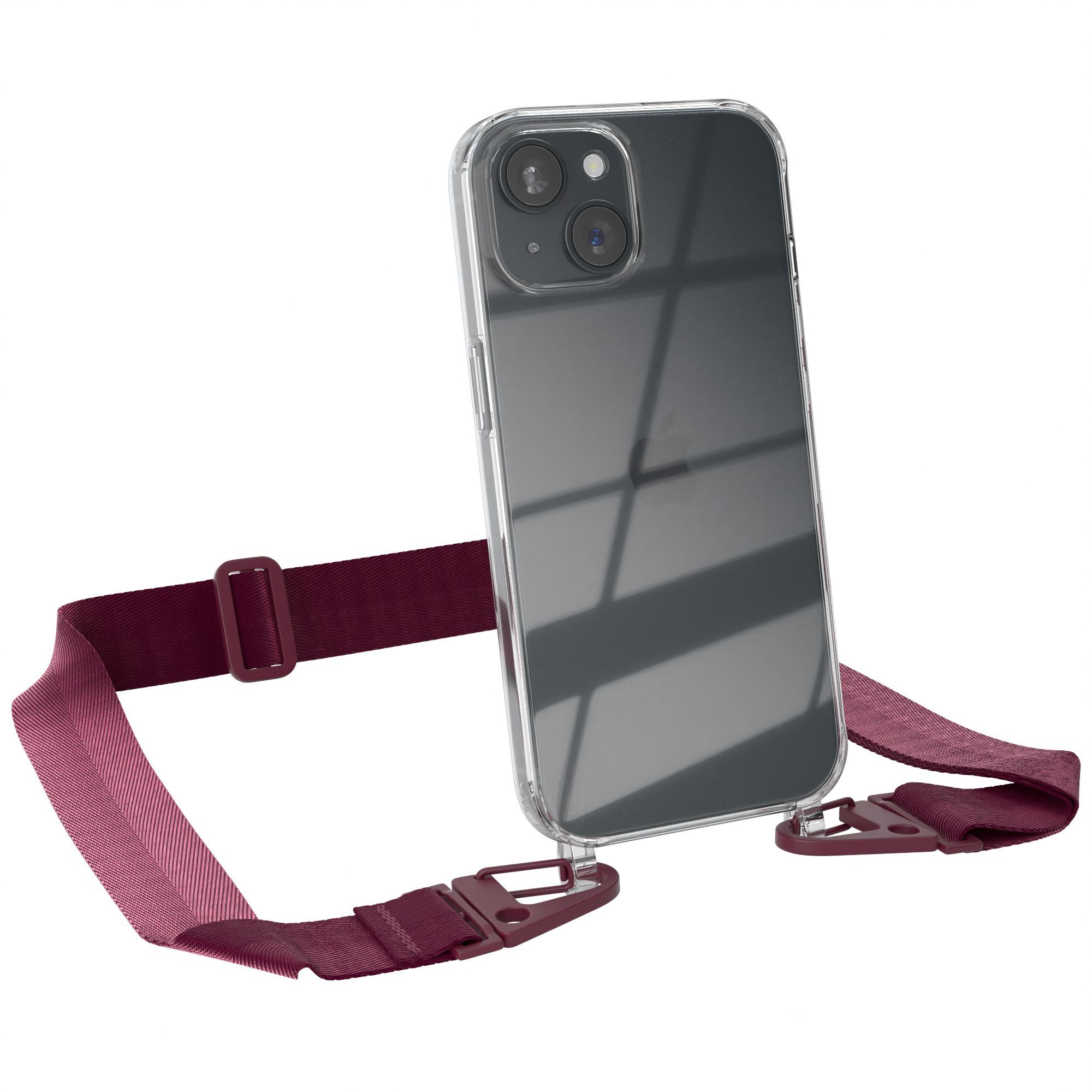 EAZY CASE Handykette Silikon Kette Karabiner für Apple iPhone 15 6,1 Zoll, Smartphonekette Cover Silikonhülle Umhängetasche Burgundy Rot Beere
