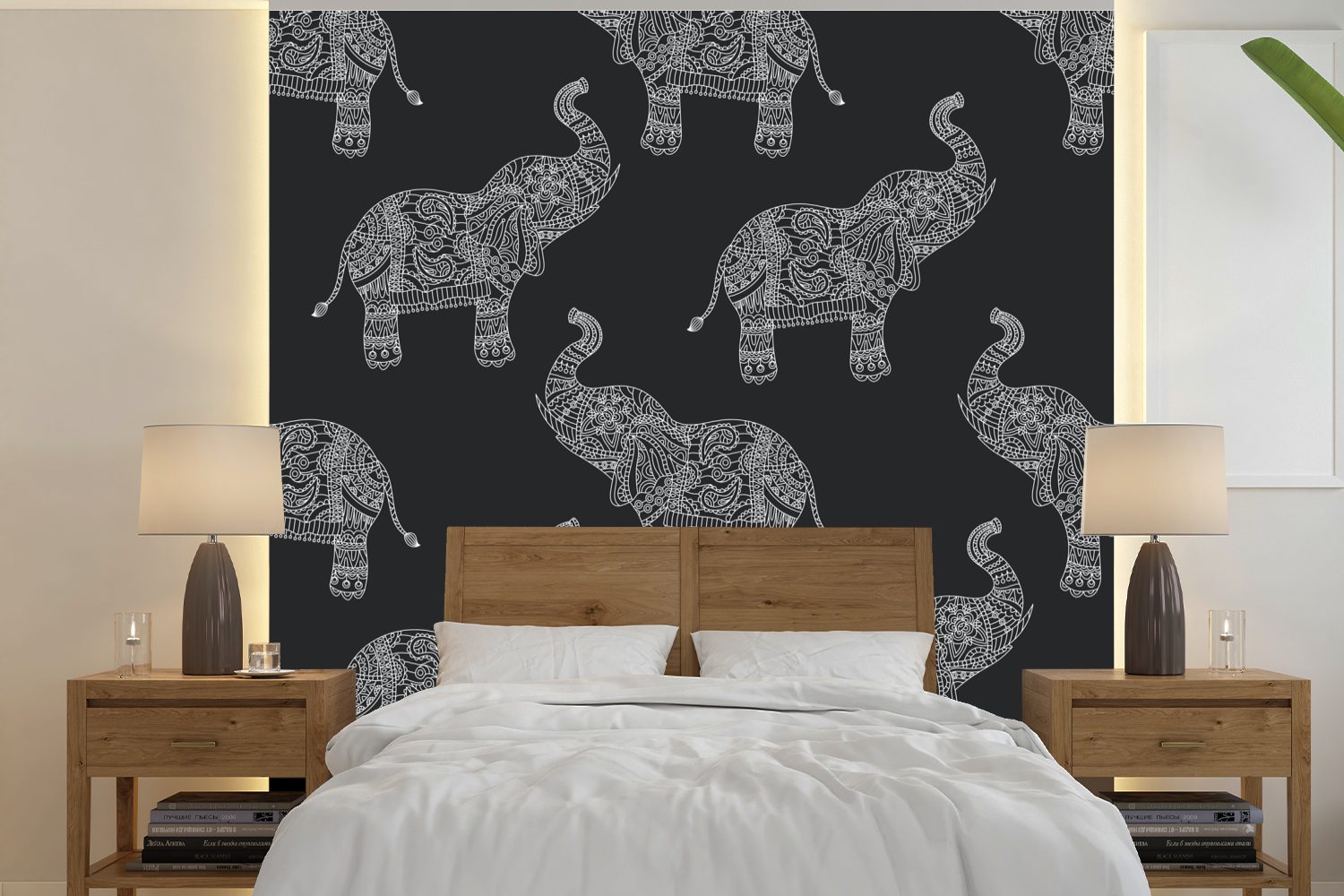 MuchoWow Fototapete Elefant - Muster - Boho, Matt, bedruckt, (5 St), Vinyl Tapete für Wohnzimmer oder Schlafzimmer, Wandtapete