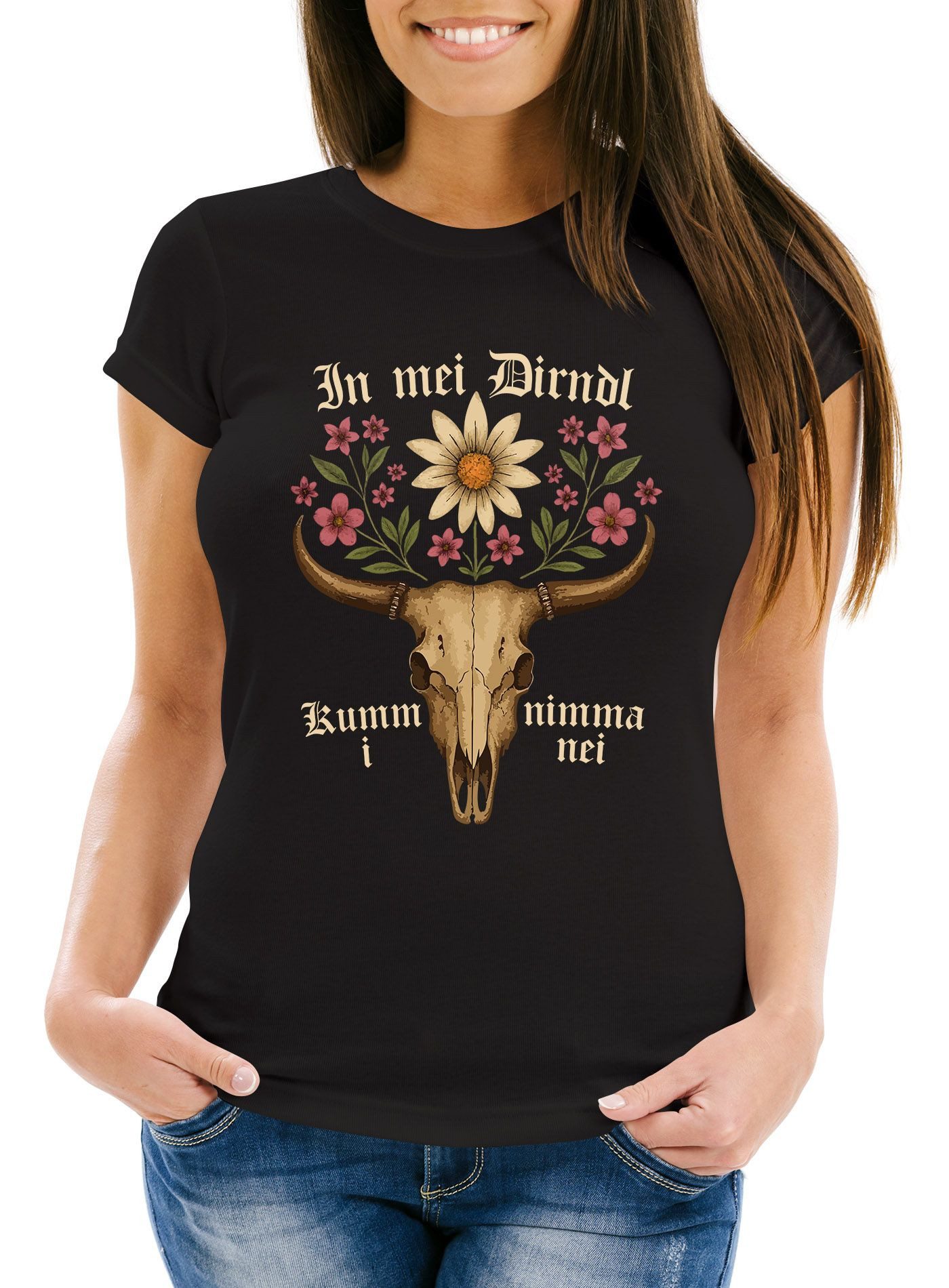 MoonWorks Print-Shirt Damen T-Shirt für das Oktoberfest Hirsch in mei Dirndl kumm i nimma mit Print