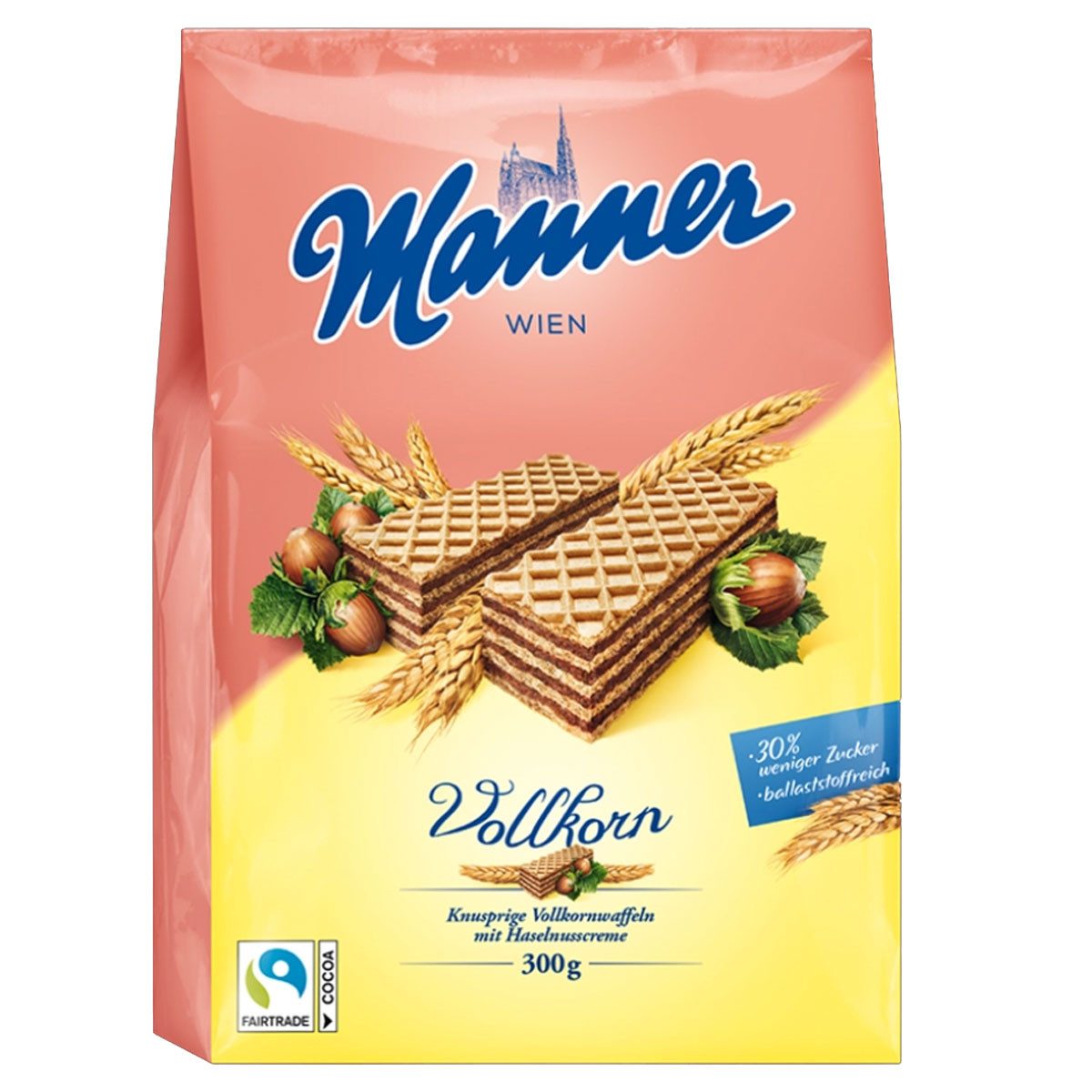 Manner Kekse, Manner zuckerreduzierte Vollkornwaffeln mit Haselnusscremefüllung 300g