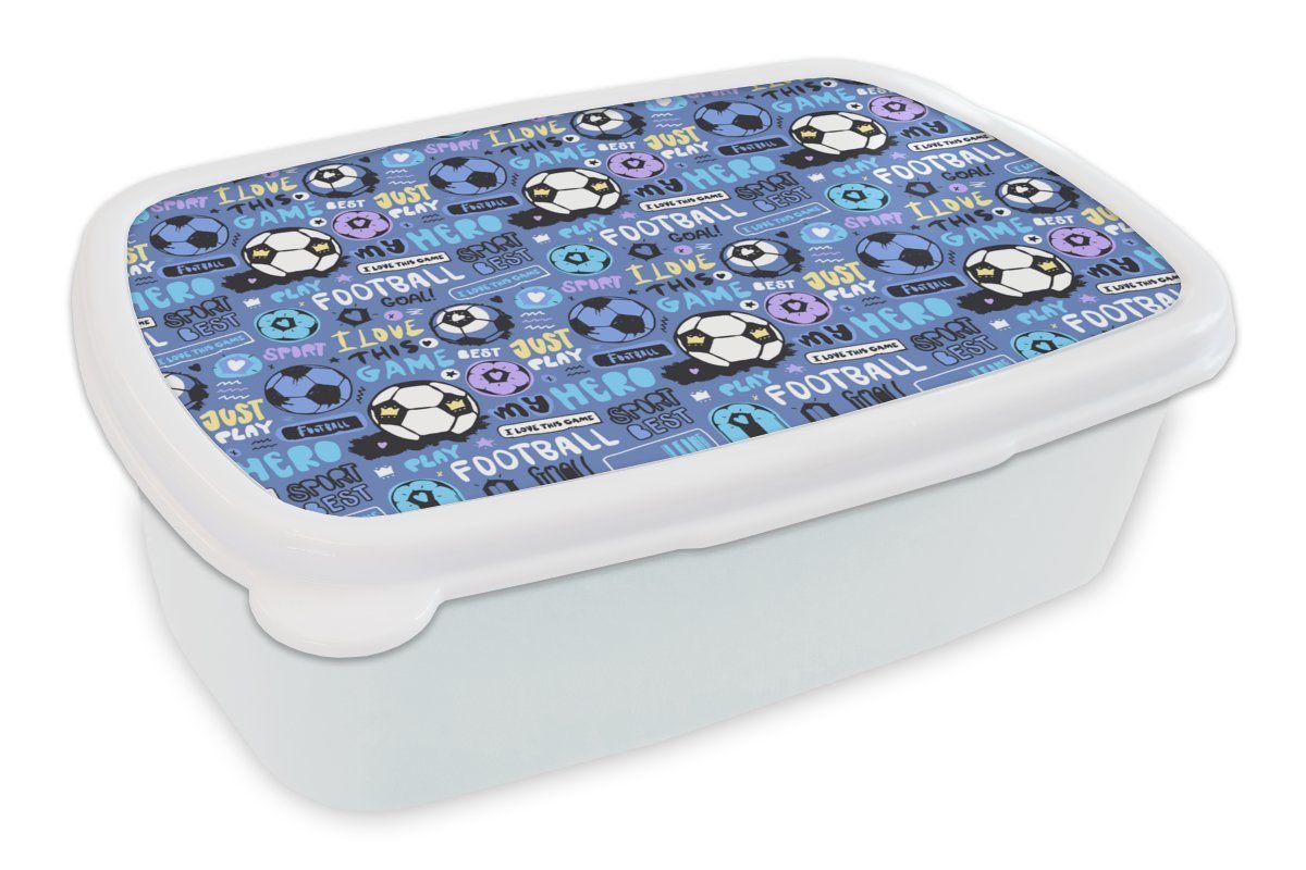 MuchoWow Lunchbox Muster - Fußball - Blau - Jungen - Kinder - Kleiner Junge, Kunststoff, (2-tlg), Brotbox für Kinder und Erwachsene, Brotdose, für Jungs und Mädchen weiß