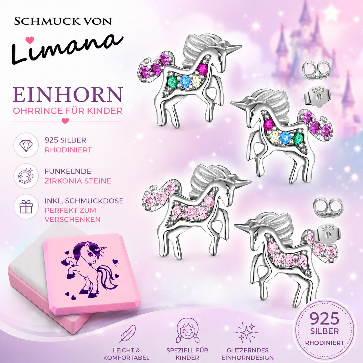Limana Ohrstecker-Set kleine Einhorn Ohrringe Mädchen 925 Silber Geschenk Schmuck (für Kinder, 2 Paar inkl. Schmuckbox), Einschulung Schulanfang Weihnachten Ostern Geburtstag