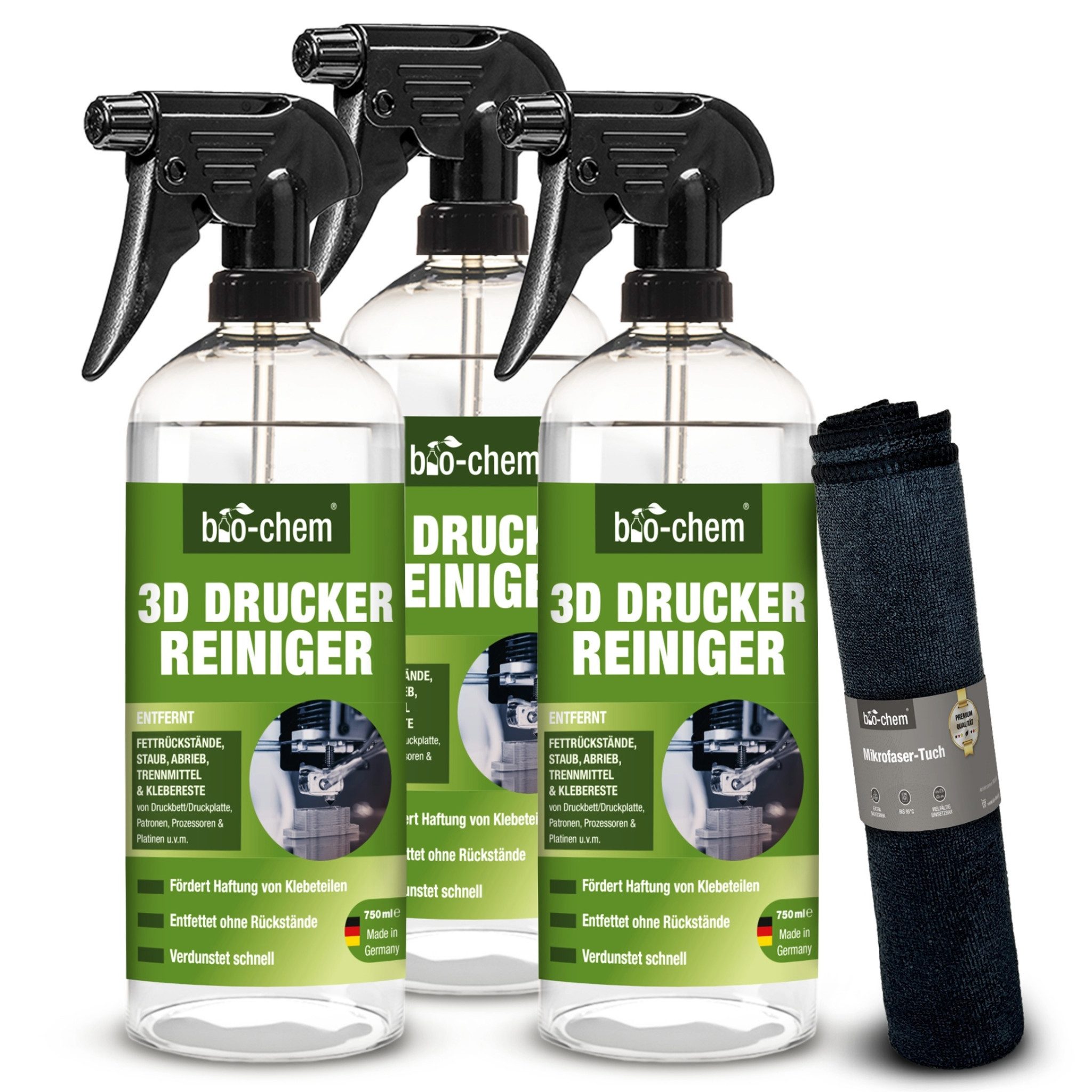 bio-chem 3D-Drucker-Reiniger Spray für 3D-Drucker,PC-Teile,Elektrogeräte Kunststoffreiniger (Sparpaket, [- 3D-Drucker-Reiniger 3x 0.75 l Handsprayflasche + Mikrofasertuch Hohe Lösekraft, verdunstet schnell)
