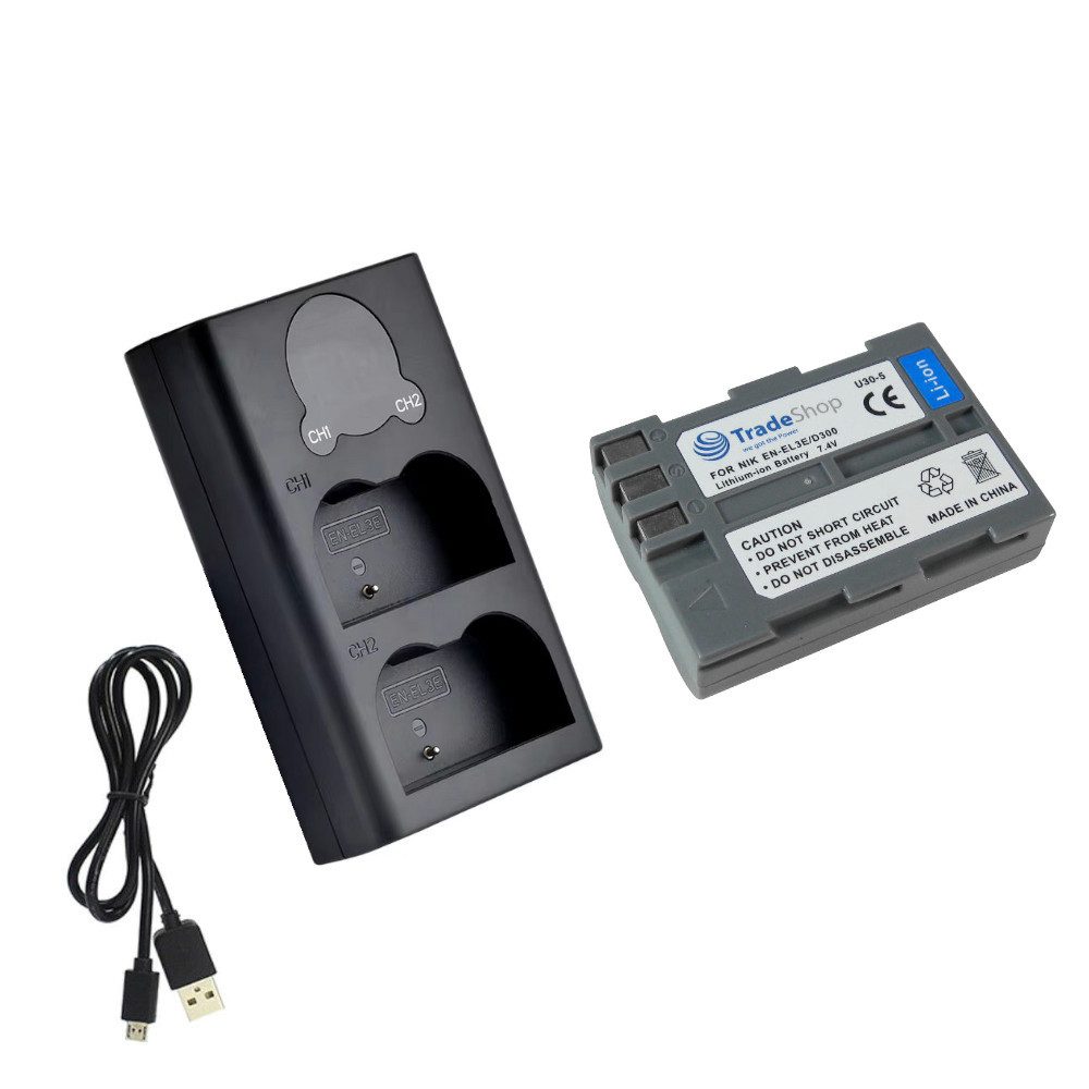Trade-Shop 2in1 Set passend für Nikon D80 D80s D90 D200 D200s Ladegerät + Kamera-Akku Li-Ion 2000 mAh (7,4 V), Mit USB Ladekabel