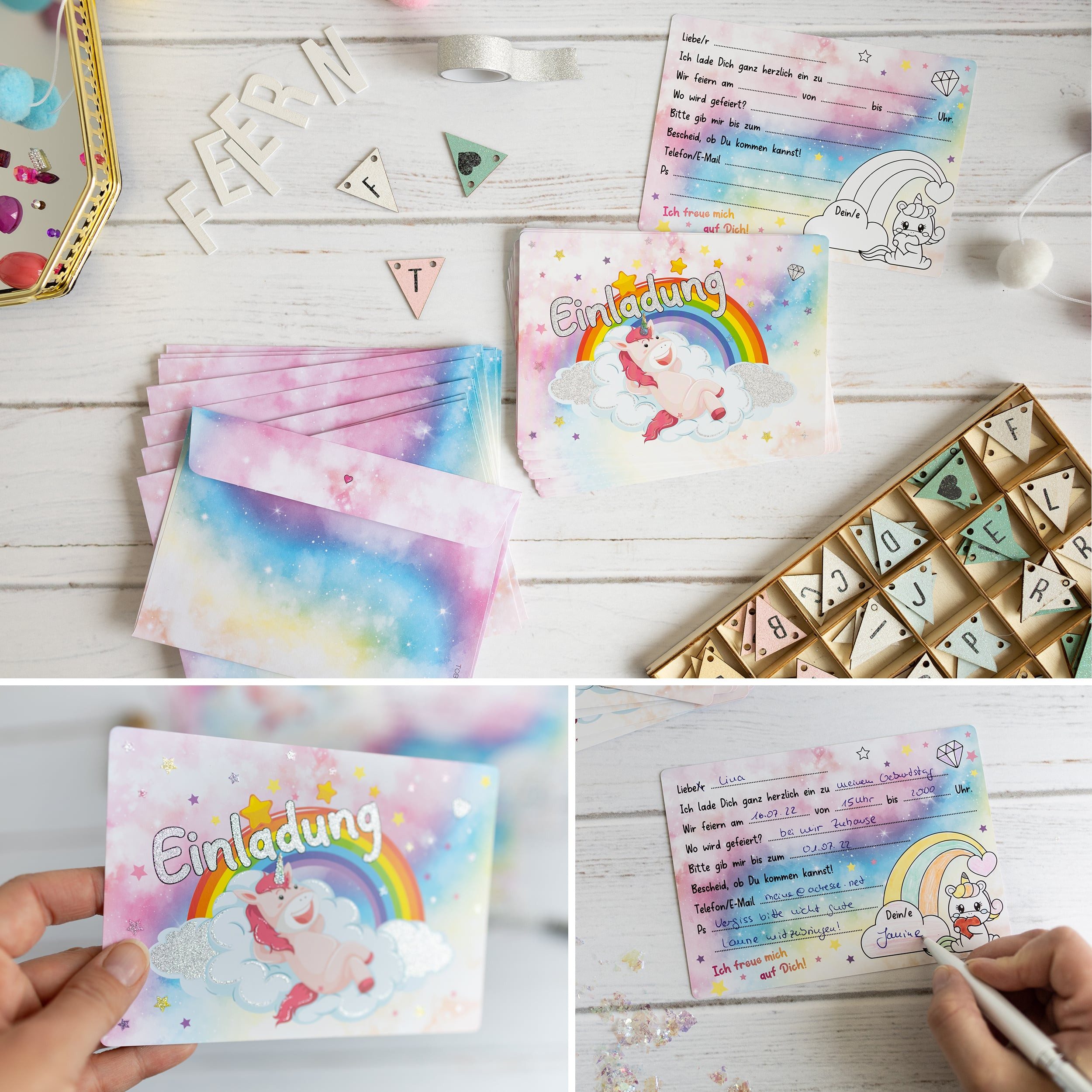 TOBJA Einladungskarten 12x Einladungskarte Einhorn Glitzer inkl Umschläge, Partyeinladungen A6 (10,5 x 14,8 cm) Postkarten – Bild 4 von 5