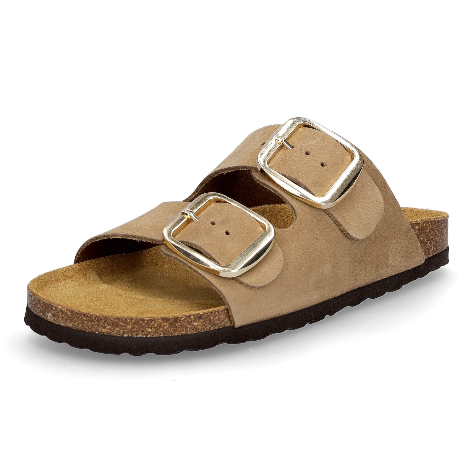 MIDS MIRI Damen Pantolette beige, Zweiriemer mit ergonomischem Lederfußbett & großer Schnalle