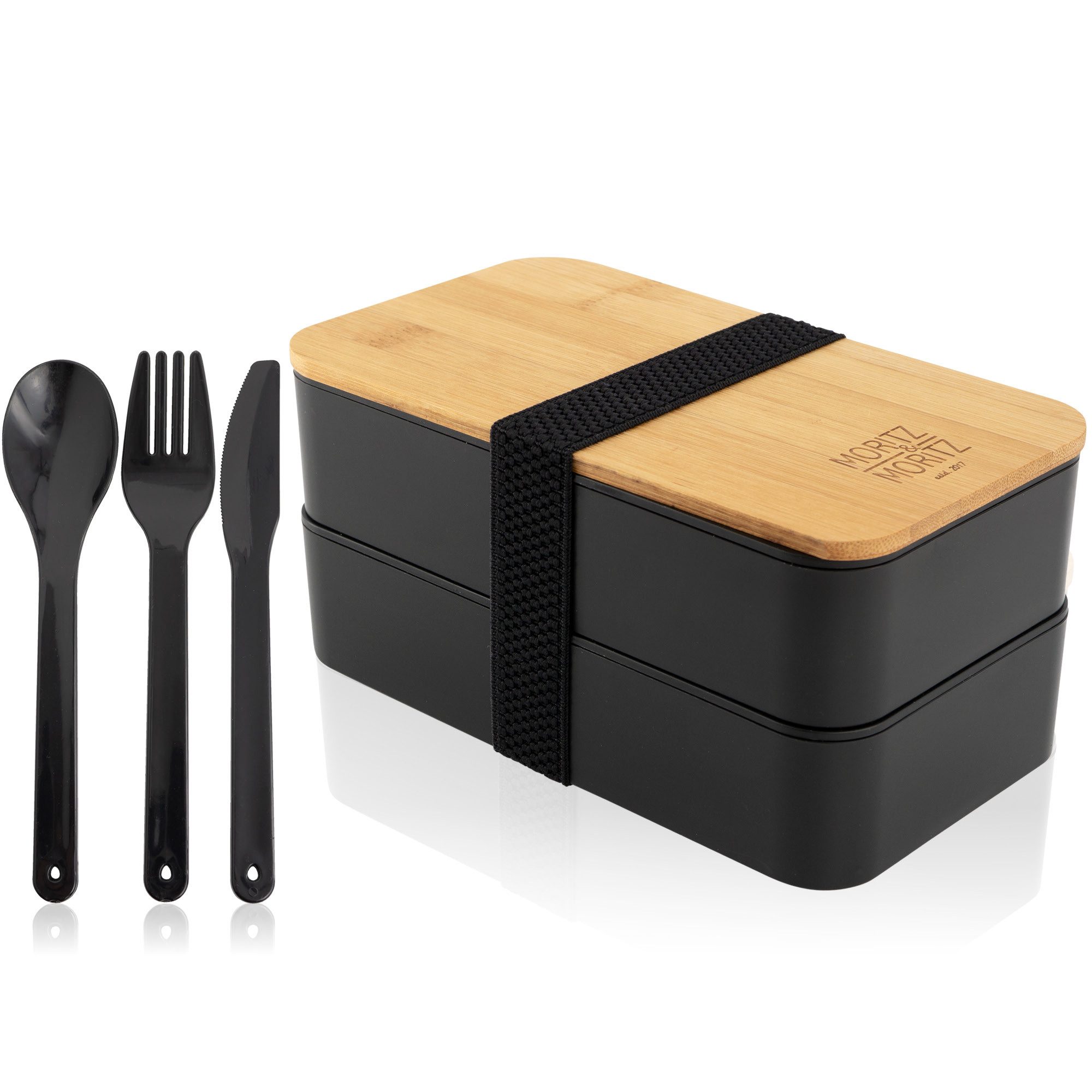 Moritz & Moritz Lunchbox Moritz & Moritz Bento Box Schwarz, Kunststoff, Bambus, Elasthan, (Set), Bento Lunchbox für Erwachsene und Kinder - inkl. Besteck-Set