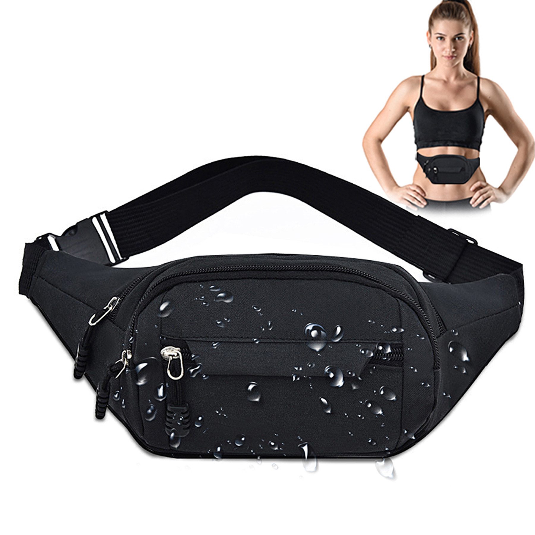 Keyura Schultertasche Bauchtasche für Herren Damen wasserdichte Gürteltasche (mit 4 Einzelfächern Hüfttaschen, Waistbeltbag Unisex, Festival, schwarz Basics, Gürteltasche), für Reise Wanderung Hundespaziergänge und Outdoor-Aktivität