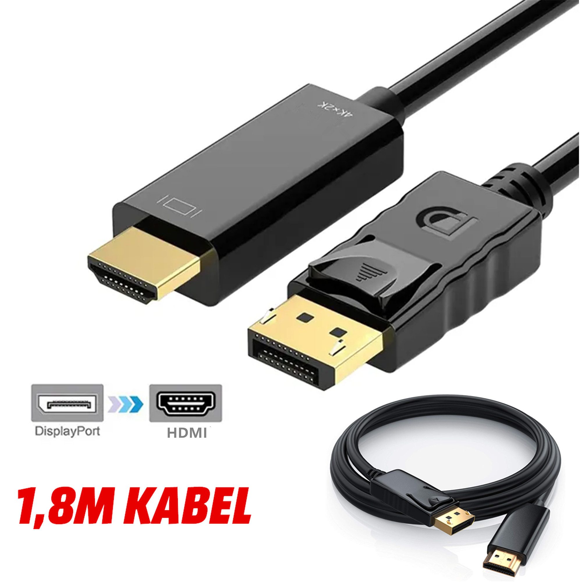 DP auf HDMI Adapter Displayport Konverter Stecker 1080p 4K HD 1,80M Audio- & Video-Adapter