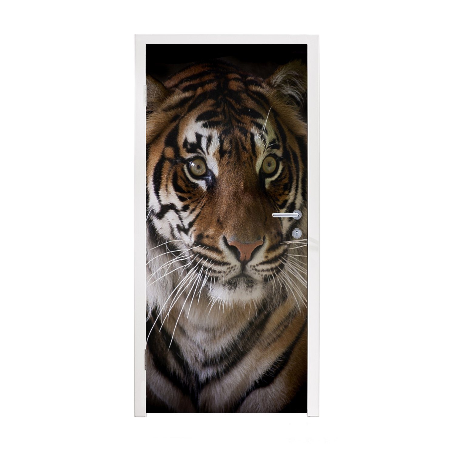 MuchoWow Türtapete Tiger - Kopf - Schwarz, Matt, bedruckt, (1 St), Fototapete für Tür, Türaufkleber, 75x205 cm