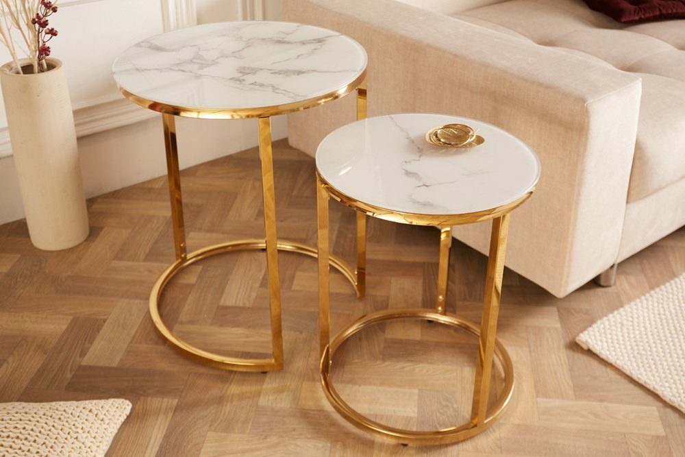 riess-ambiente Beistelltisch ELEGANCE 50cm weiß / gold (Set, 2-St), Wohnzimmer · Kristallglas · Metall · rund · Marmor-Dekor · Barock