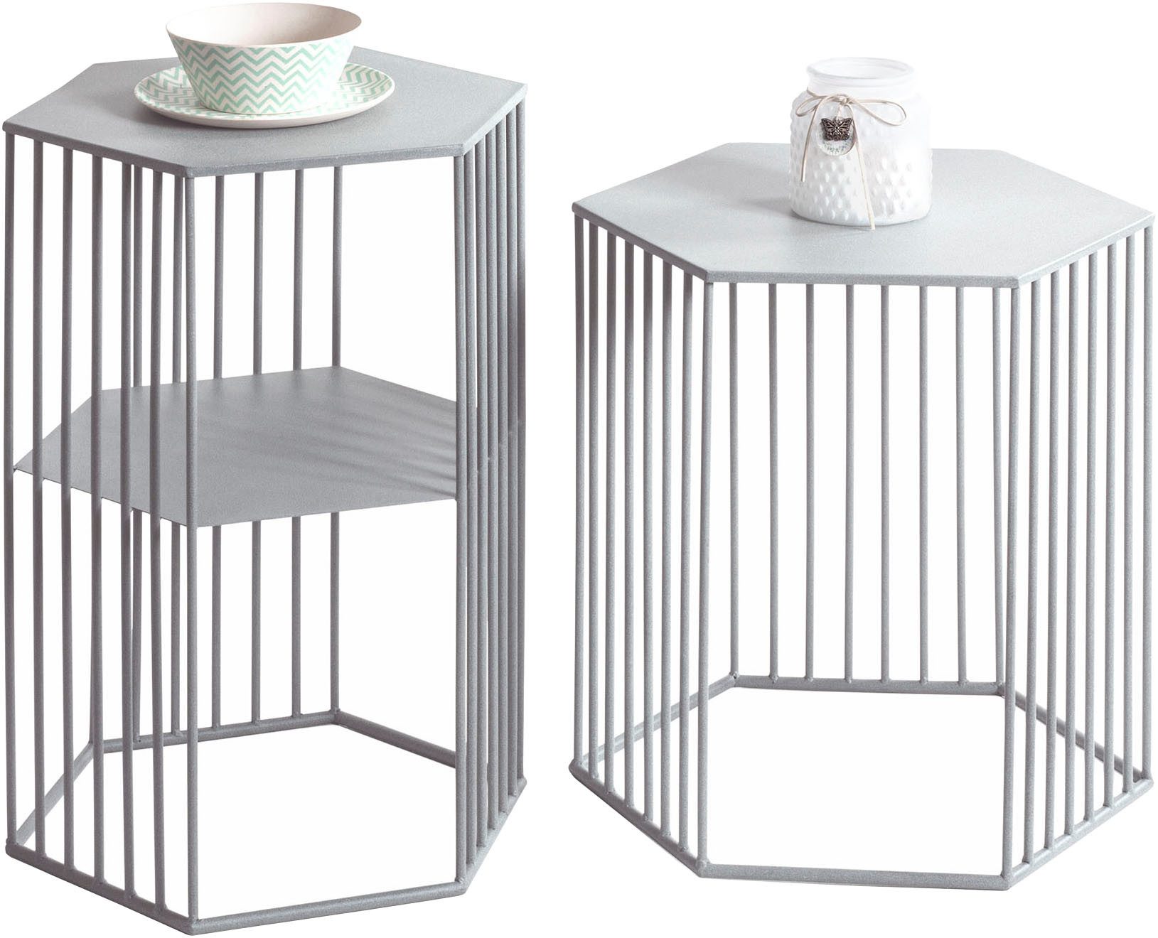 HAKU Beistelltisch Sofatisch, Wohnzimmertisch (Set, 2-St., 2er Set), sechseckig - aus Metall Grau B/T/H 38/33/55 und 42/37/45 cm