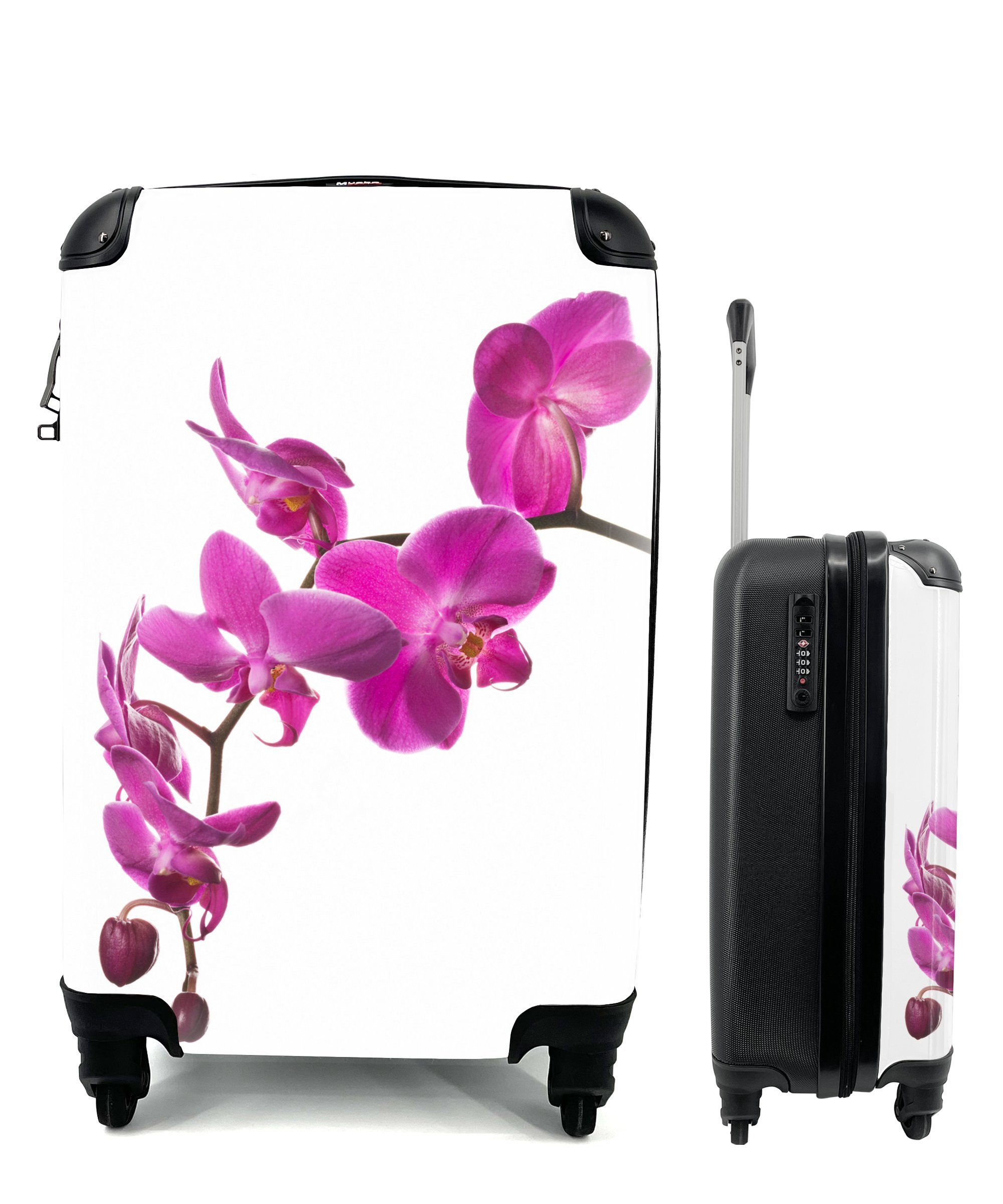 MuchoWow Handgepäckkoffer Orchidee vor weißem Hintergrund, 4 Rollen, Reisetasche mit rollen, Handgepäck für Ferien, Trolley, Reisekoffer