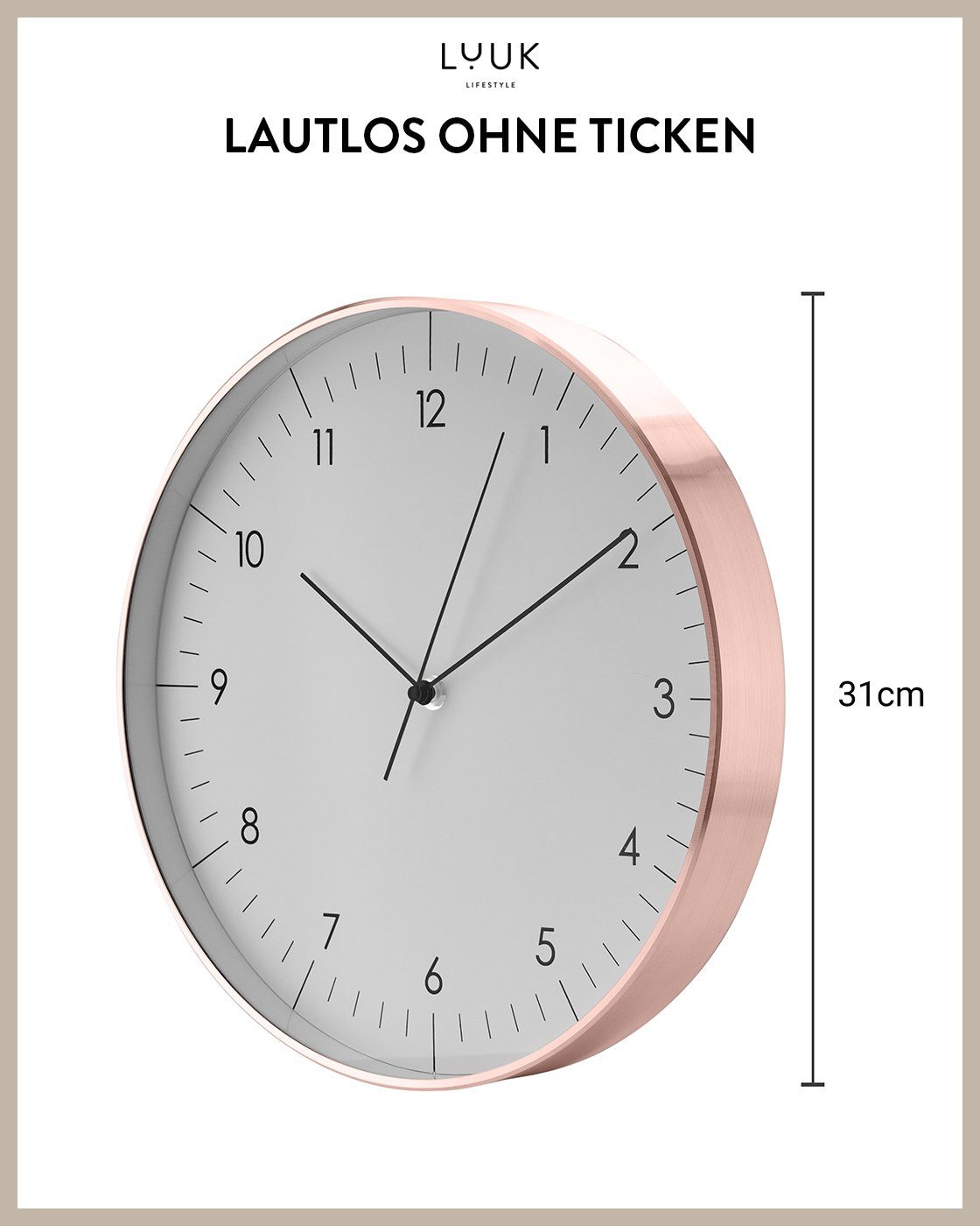 Ticken, ohne modernes und (lautlos skandinavisches Design) LUUK Wanduhr & Roségold Helsinki LIFESTYLE