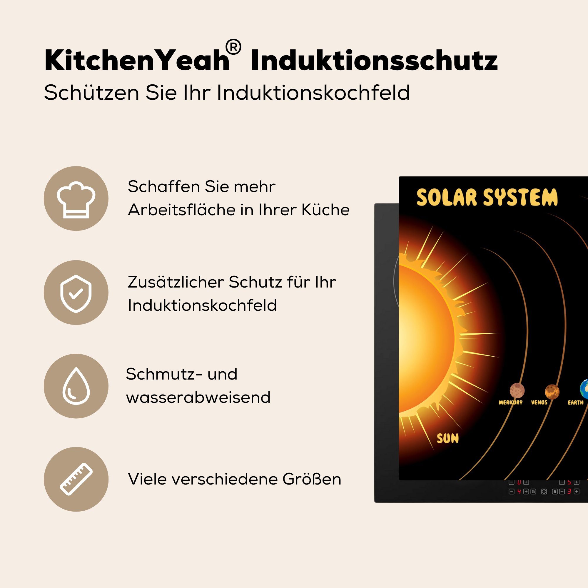Vinyl, cm, Arbeitsfläche auffälliger nutzbar, MuchoWow (1 70x52 einfachen tlg), Illustration eines Sonne, Sonnensystems mit Ceranfeldabdeckung Herdblende-/Abdeckplatte Mobile