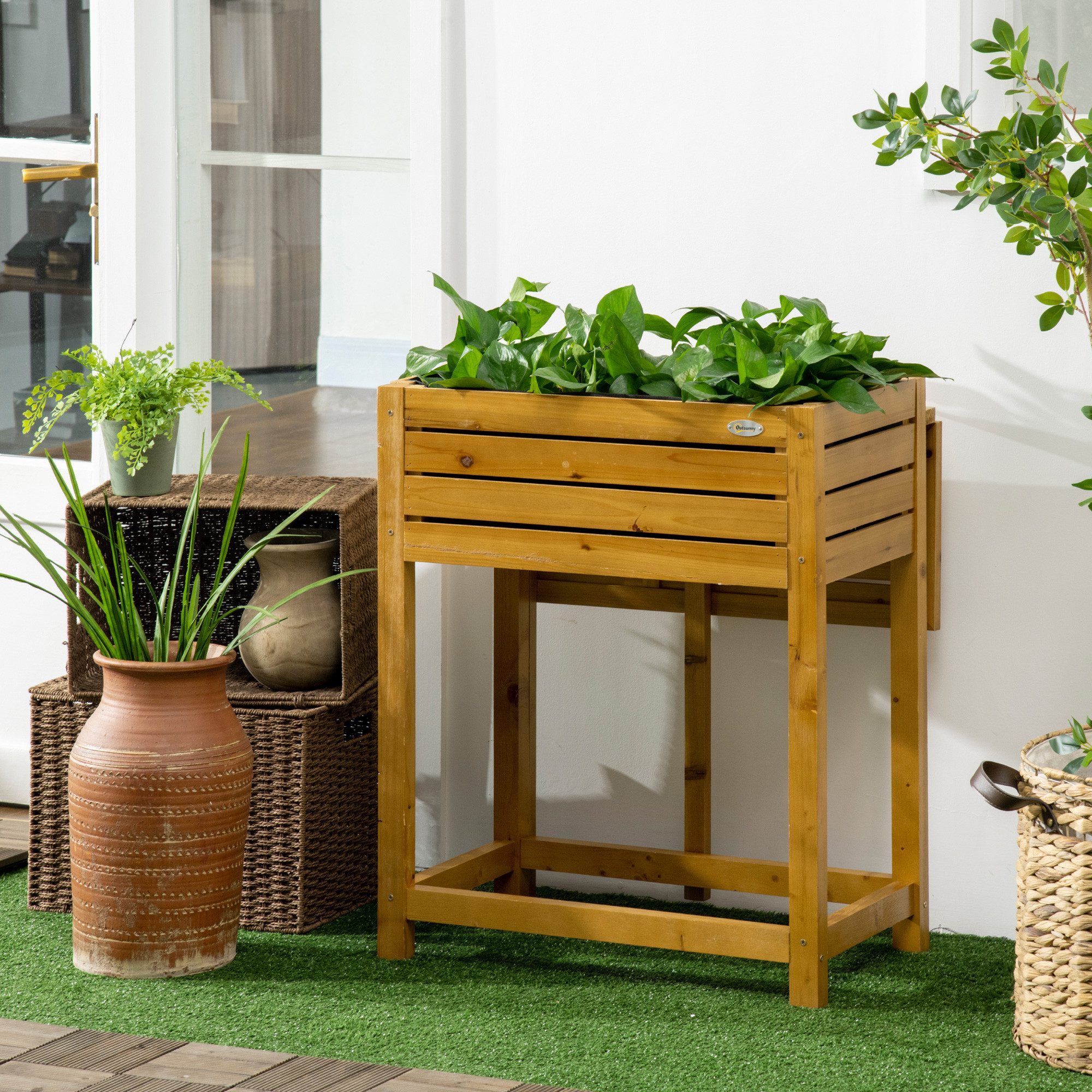 Outsunny Hochbeet Pflanzkasten mit klappbarer Tischplatte, Kräuterbeet für Terrasse (Gemüsebeet, 1 St., Blumenkasten), für Garten, Balkon, Braun