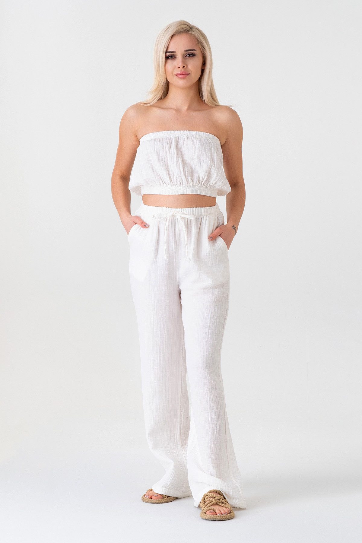 WENOR Palazzohose Damen Musselin-Hose - Sommerhose 100 % Baumwolle, elastischer Bund Weiter Beinverlauf, Musselinstruktur, luftiger Schnitt