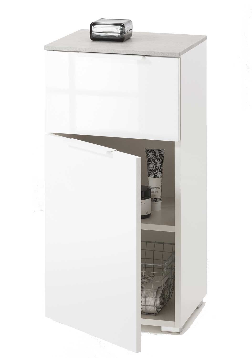 Composad Unterschrank GALAVERNA, Betondekor, Weiß Hochglanz, mit 1 Tür, mit 1 Schublade, BxHxT 40 x 80 x 35 cm | Unterschränke