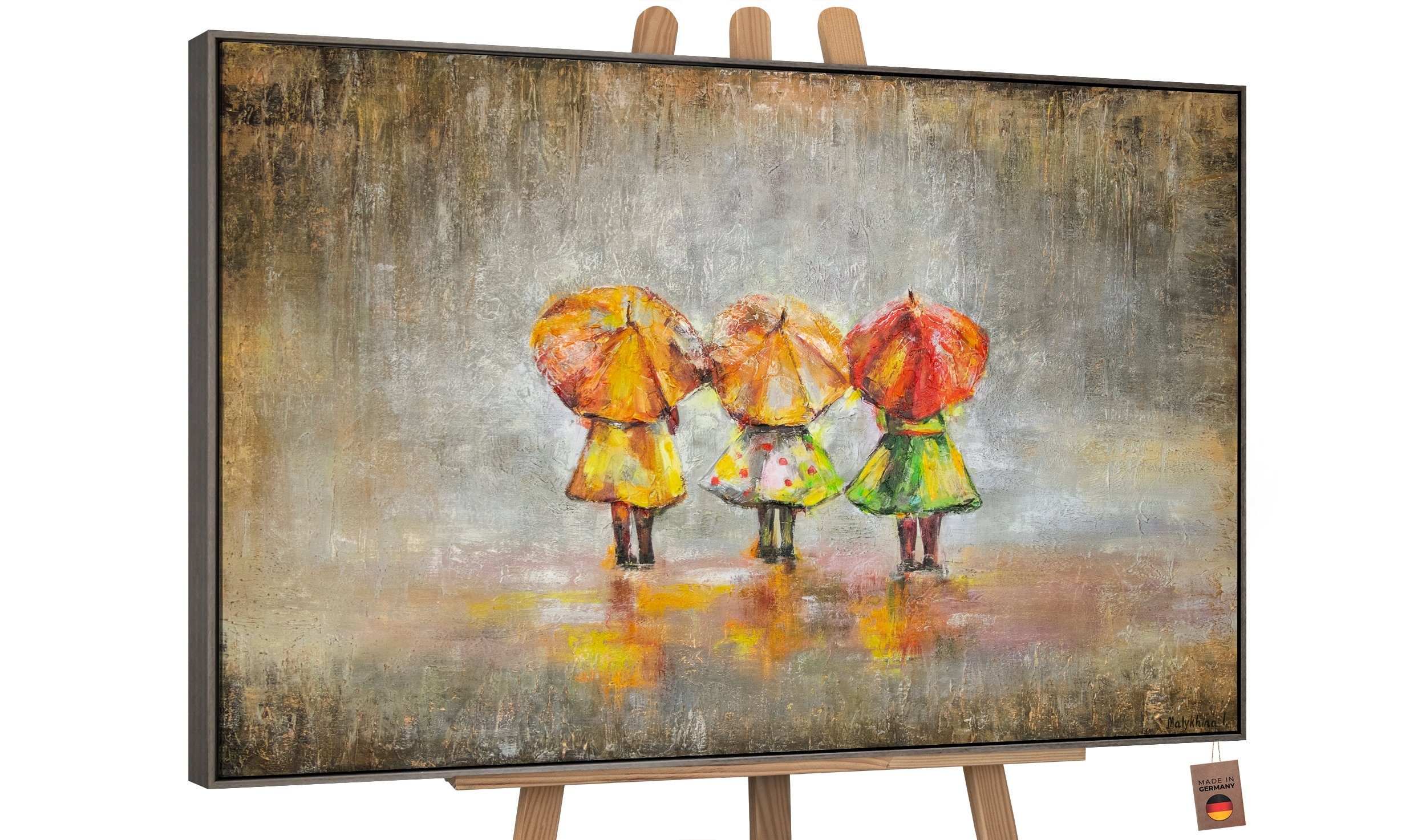 YS-Art Gemälde Sommerregen, Menschen, Kinder mit Regenschirm Leinwand Bild Handgemalt Kinderzimmer Mit Rahmen in Grau