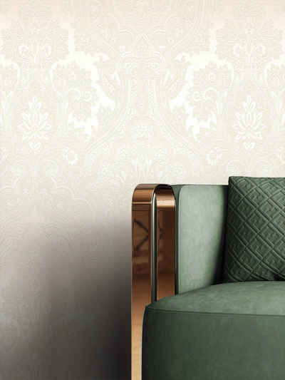 Newroom Vliestapete, Weiß Tapete Barock Leicht Glänzend - Barocktapete Silber Glamour Modern Ornament Prunk für Wohnzimmer Schlafzimmer Flur
