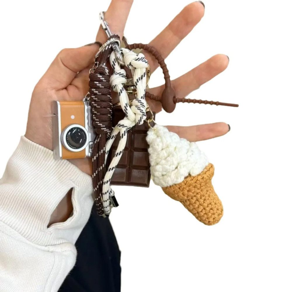 Blusmart Schlüsselanhänger Kawaii Schlüsselanhänger Set (Gewebte Seil Dekoration Hängen, Mini Kamera, Häkel-Eis & Schokolade), Für Schlüssel & Taschen
