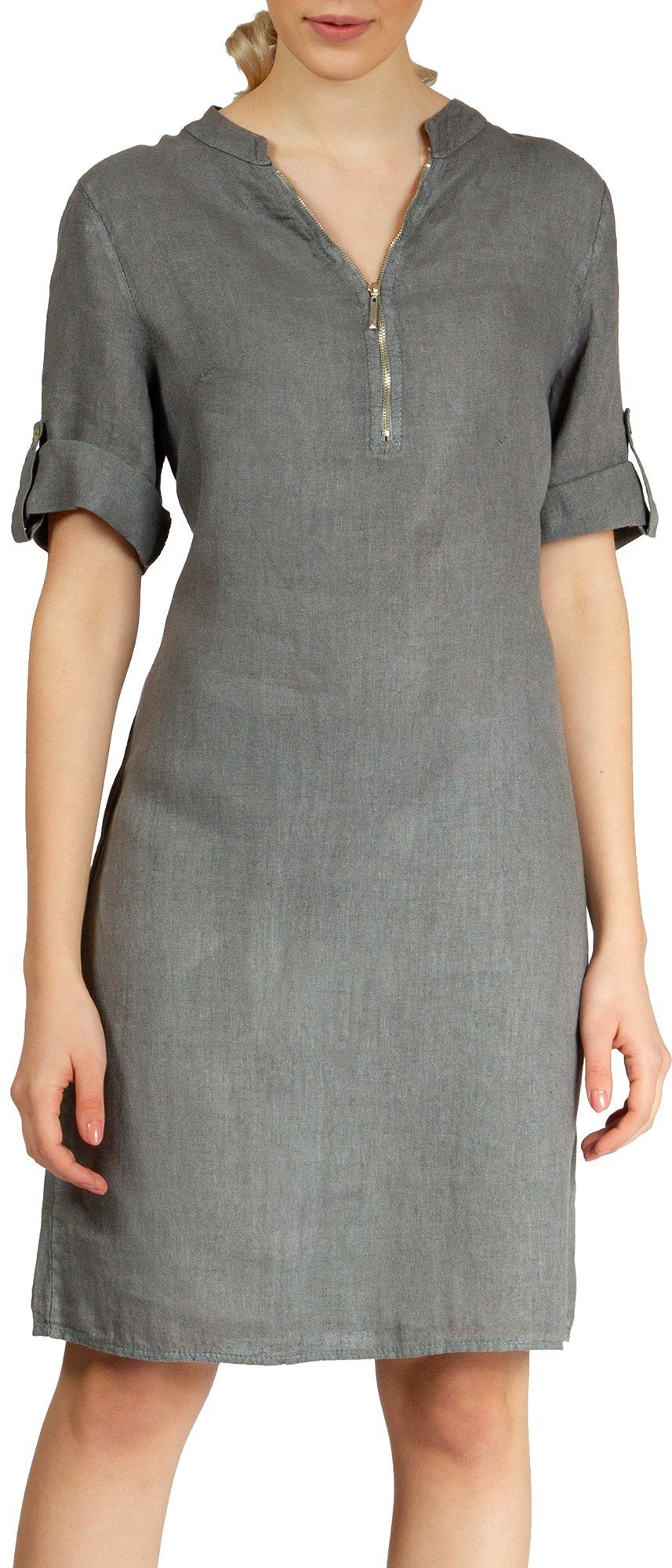 Caspar Sommerkleid SKL037 knielanges Damen Leinenkleid mit Reißverschluss Ausschnitt Luftig leicht, figurumspielende Form, mit seitlichem Jersey-Einsatz