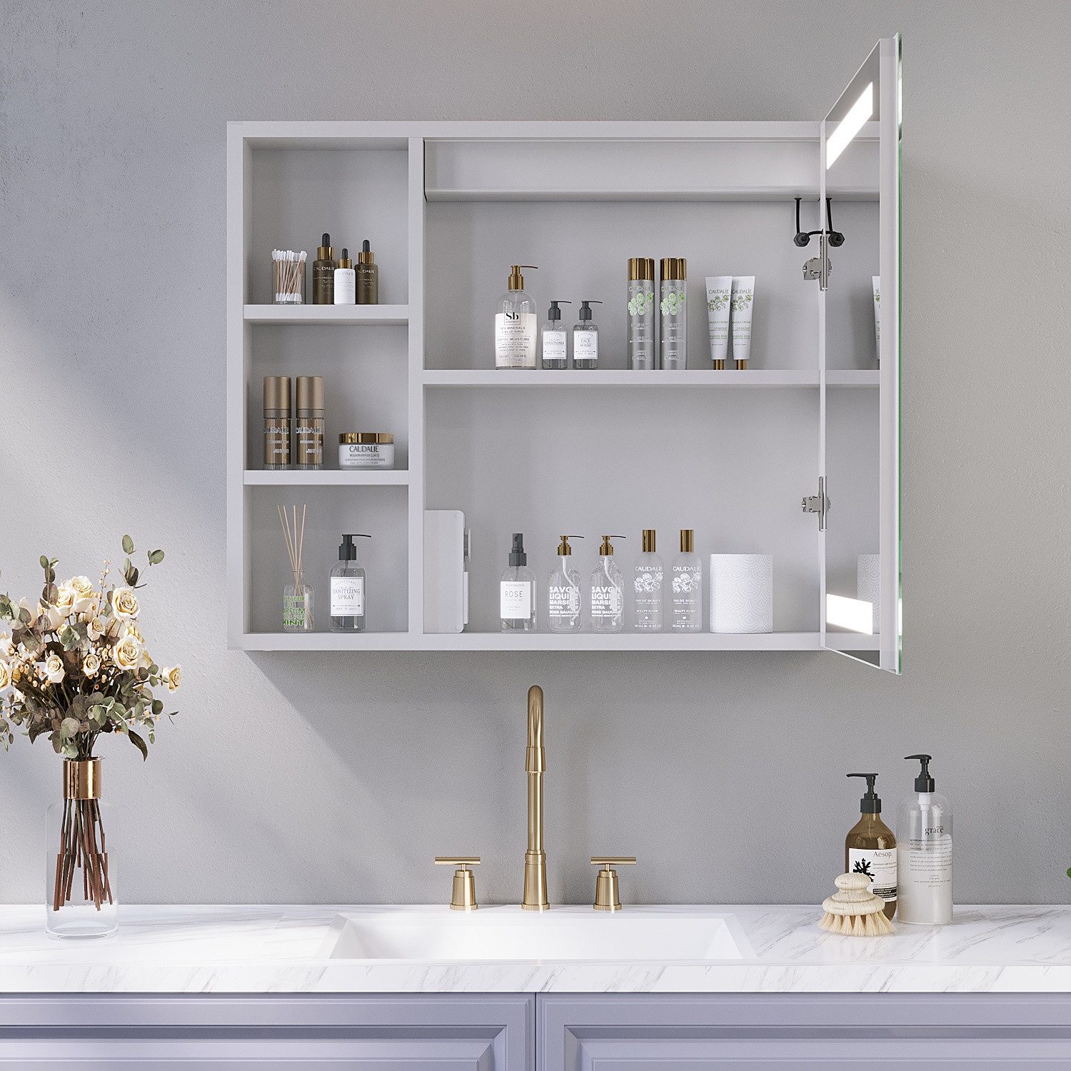 AQUALAVOS Badezimmerspiegelschrank LED Badezimmer Spiegelschrank Spiegel Badezimmerschrank Schutzklasse IP44,Spiegeltür Nach rechts öffnen – Bild 3 von 5