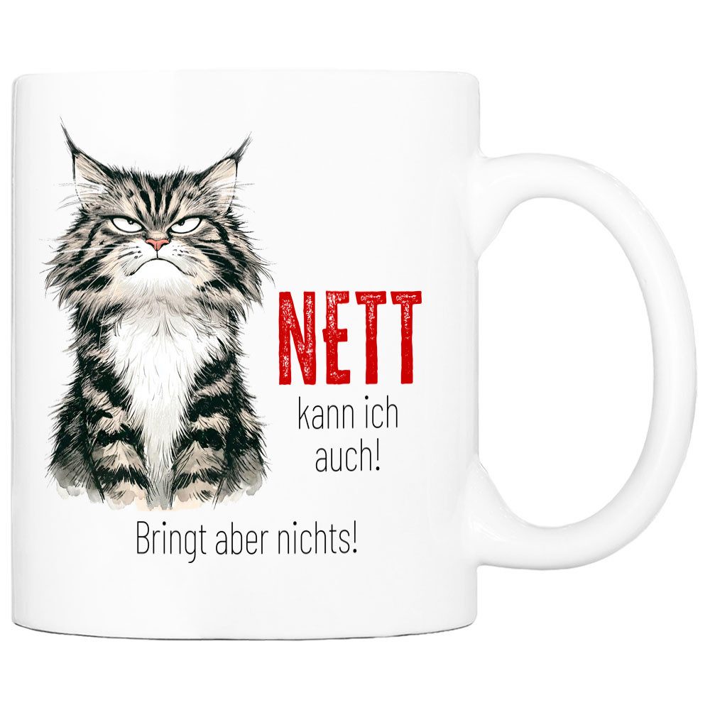 Cadouri Tasse mit Spruch 'Nett kann ich auch' Kaffeetasse Büro Arbeit, Geschenk, Keramik, Kaffeebecher, Geschenkidee Arbeitskollege, lustig, Humor, 330 ml