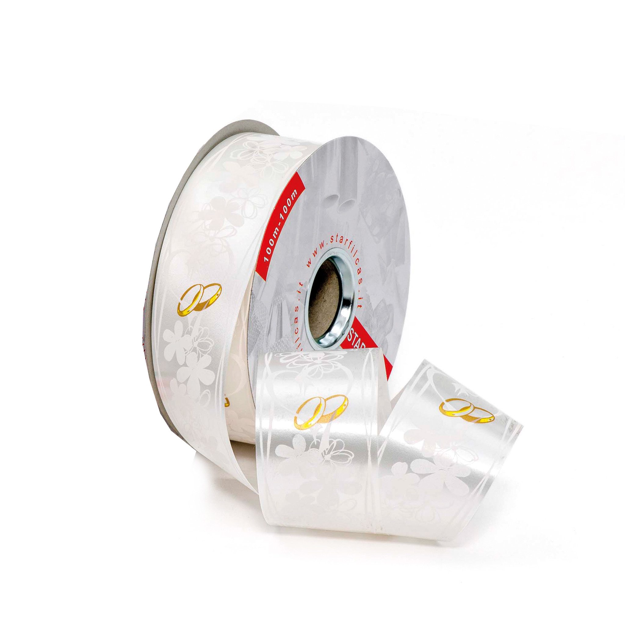 Star Geschenkband, Geschenkband Ringelband Eheringe & Blumen Motiv 50mm x 50m Rolle Weiß