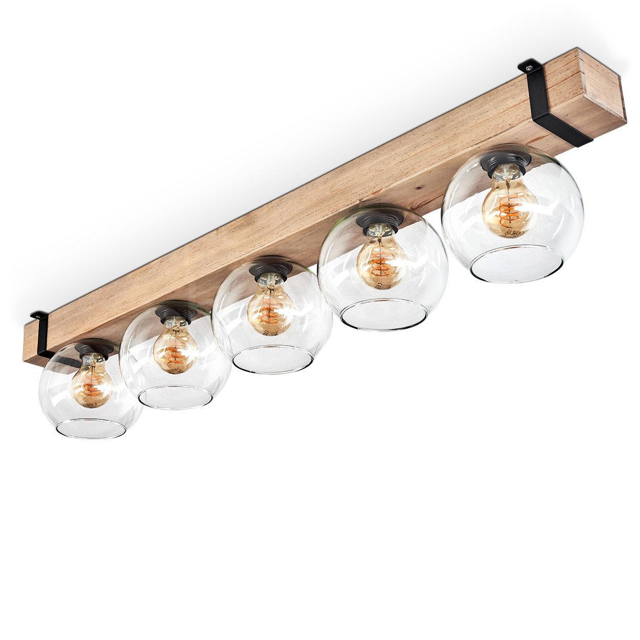 hofstein Deckenleuchte Deckenlampe aus Metall/Holz/Glas in Schwarz/Natur/Klar, ohne Leuchtmittel, Holzbalken und Glasschrimen Ø15cm, 5x E27, ohne Leuchtmittel
