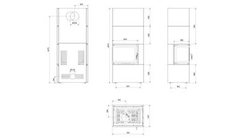 Kratki Kaminofen KAMINEINSATZ SIMPLE BOX 8 KW Ø 200 LINKS SCHWARZ, TÜRFEDER, BImSchV 2, (5-tlg)