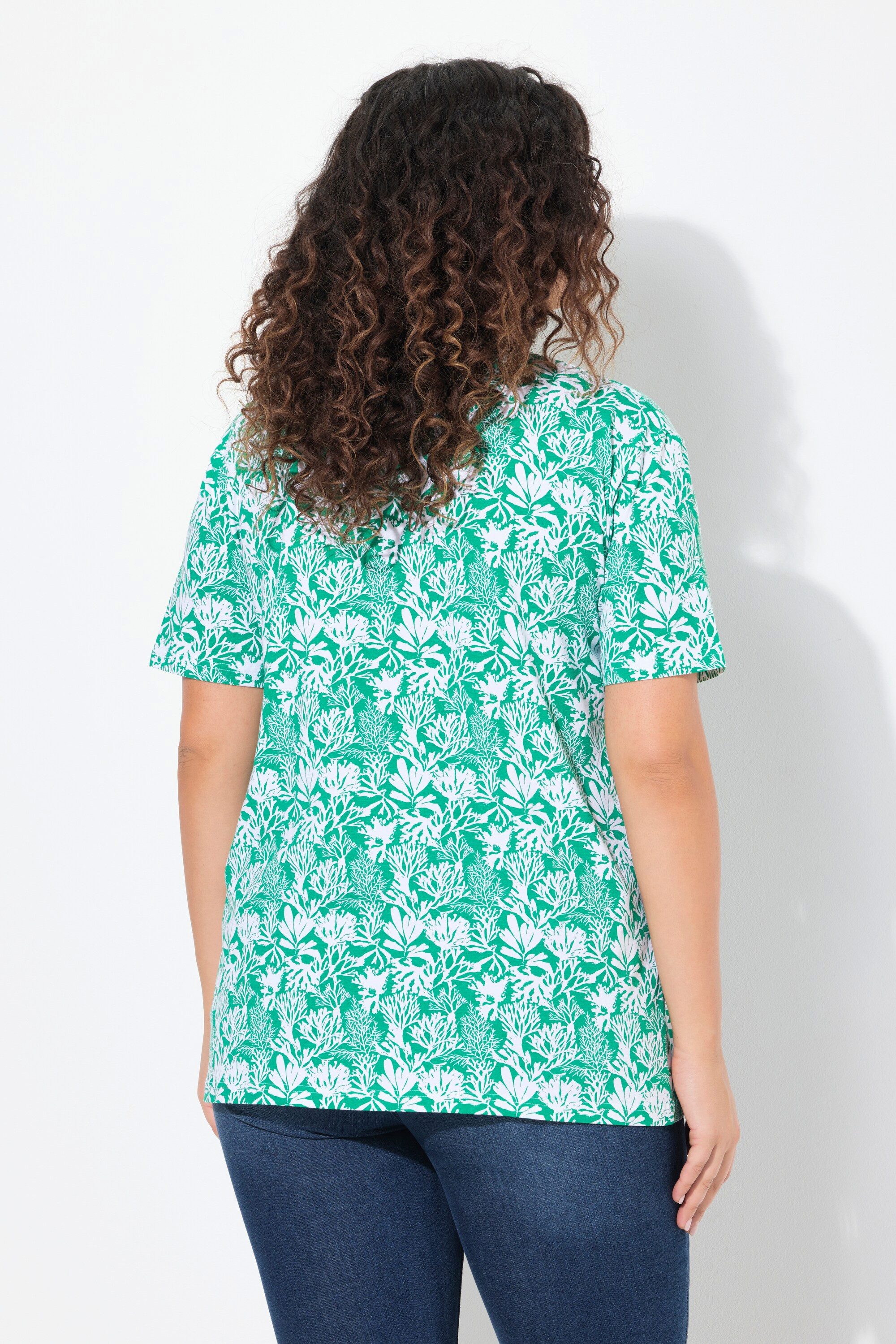 Ulla Popken T-Shirt T-Shirt floraler Druck A-Linie V-Ausschnitt