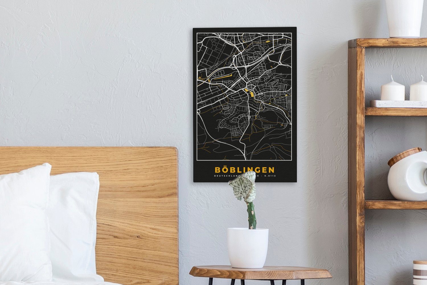 Deutschland, Leinwandbild bespannt Gemälde, (1 fertig Stadtplan Karte Zackenaufhänger, Böblingen - inkl. - - OneMillionCanvasses® St), 20x30 - Leinwandbild cm Gold