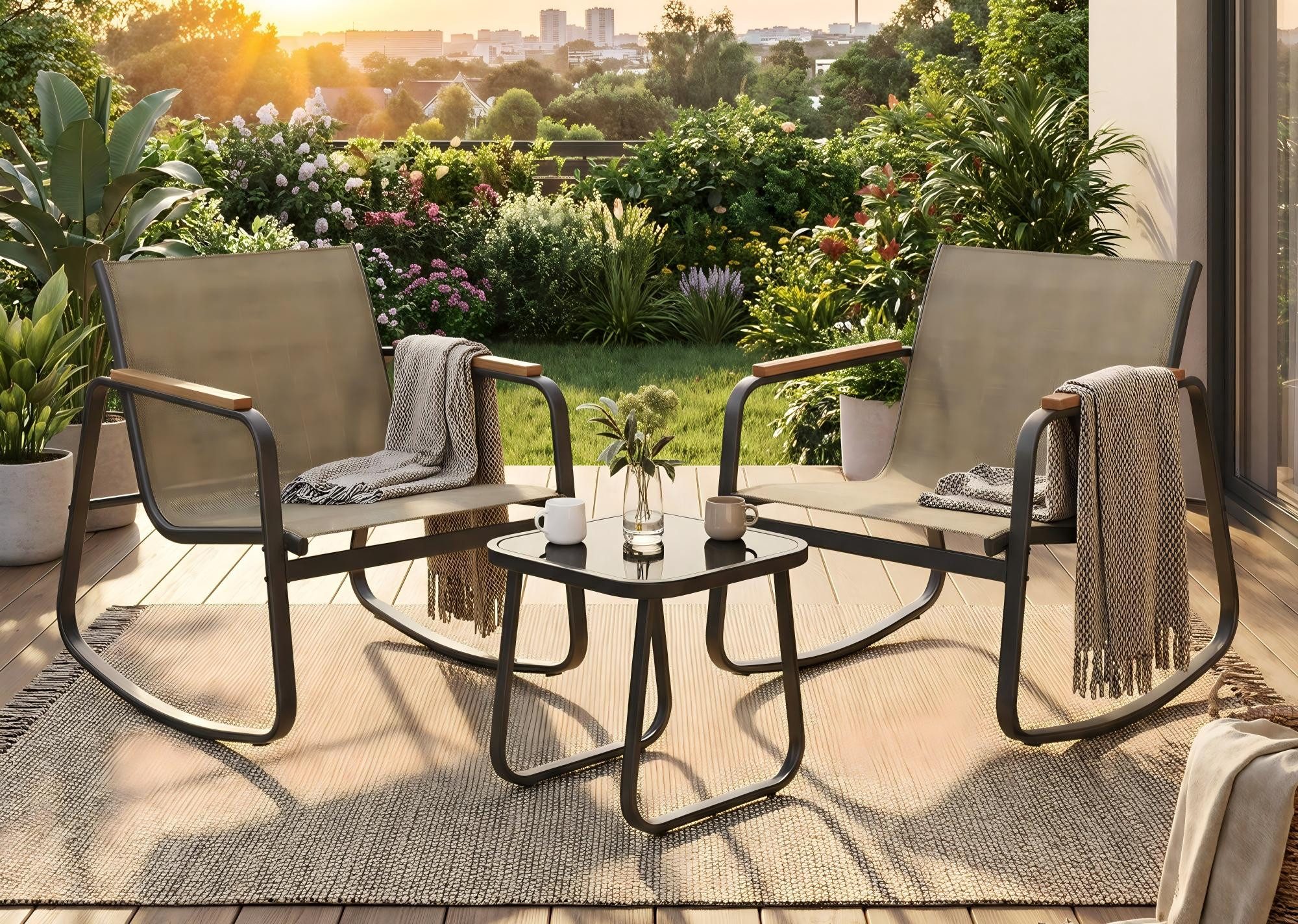 SONGMICS Gartenlounge-Set Balkonmöbel, (3-tlg., 2 Stuhl, 1 Beistelltisch), 2 Schaukelstühle mit Tisch, Stahl, mit Armlehnen, atmungsaktiv