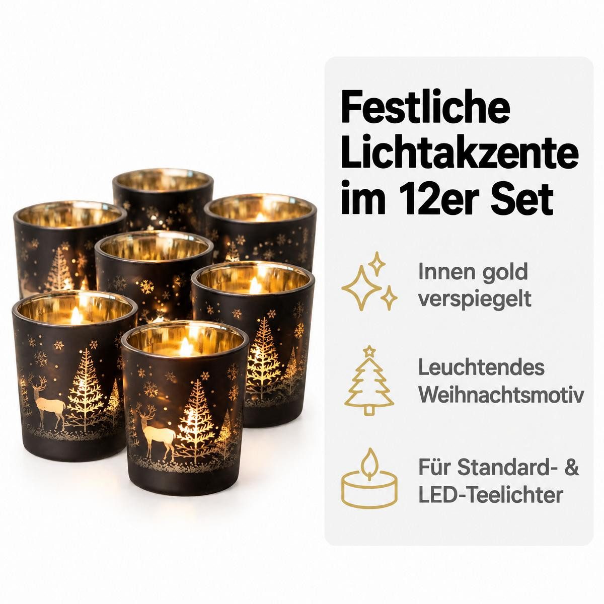 Kamelio Teelichthalter 12er Set Teelichtgläser schwarz gold Windlicht Tischdeko (12 St., 12) – Bild 2 von 5