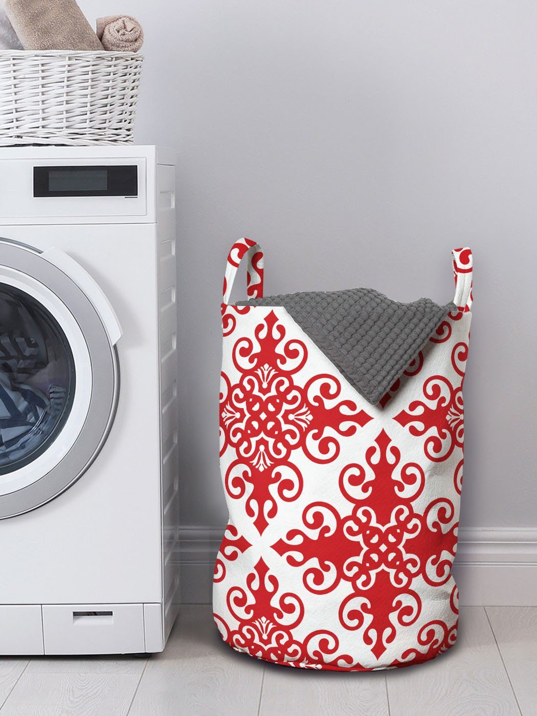 West Wäschekorb Scroll Kordelzugverschluss für Griffen Wäschesäckchen Waschsalons, Abakuhaus mit rot Ornament