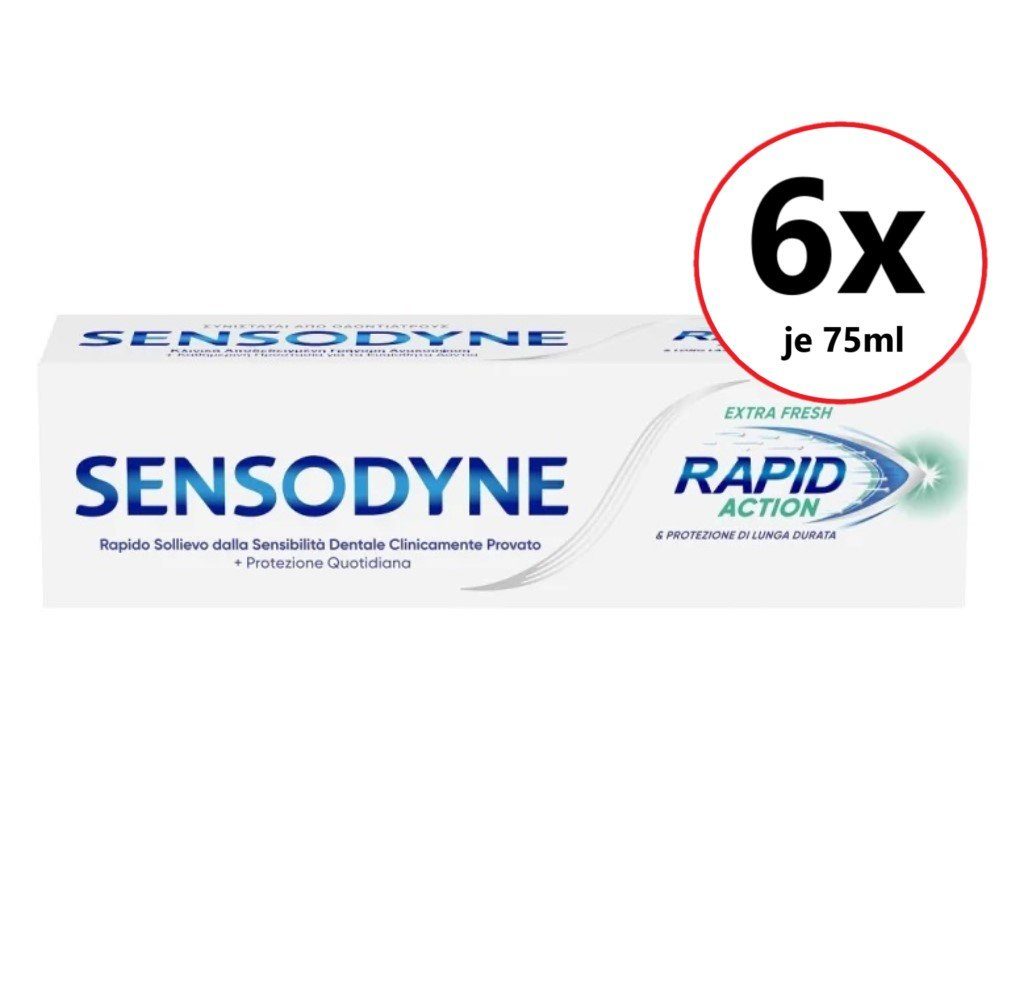 SENSODYNE Zahnpasta RAPID ACTION 6x75ml Zahncreme extra frisch Zahnpasta extra weiß, (Pflege Creme Zahnpflege Karriesschutz, Zahnsteinschutz Plaque, 6-St) Creme Zahncreme Zahnpflege Pflege Karriesschutz Zahnsteinschutz