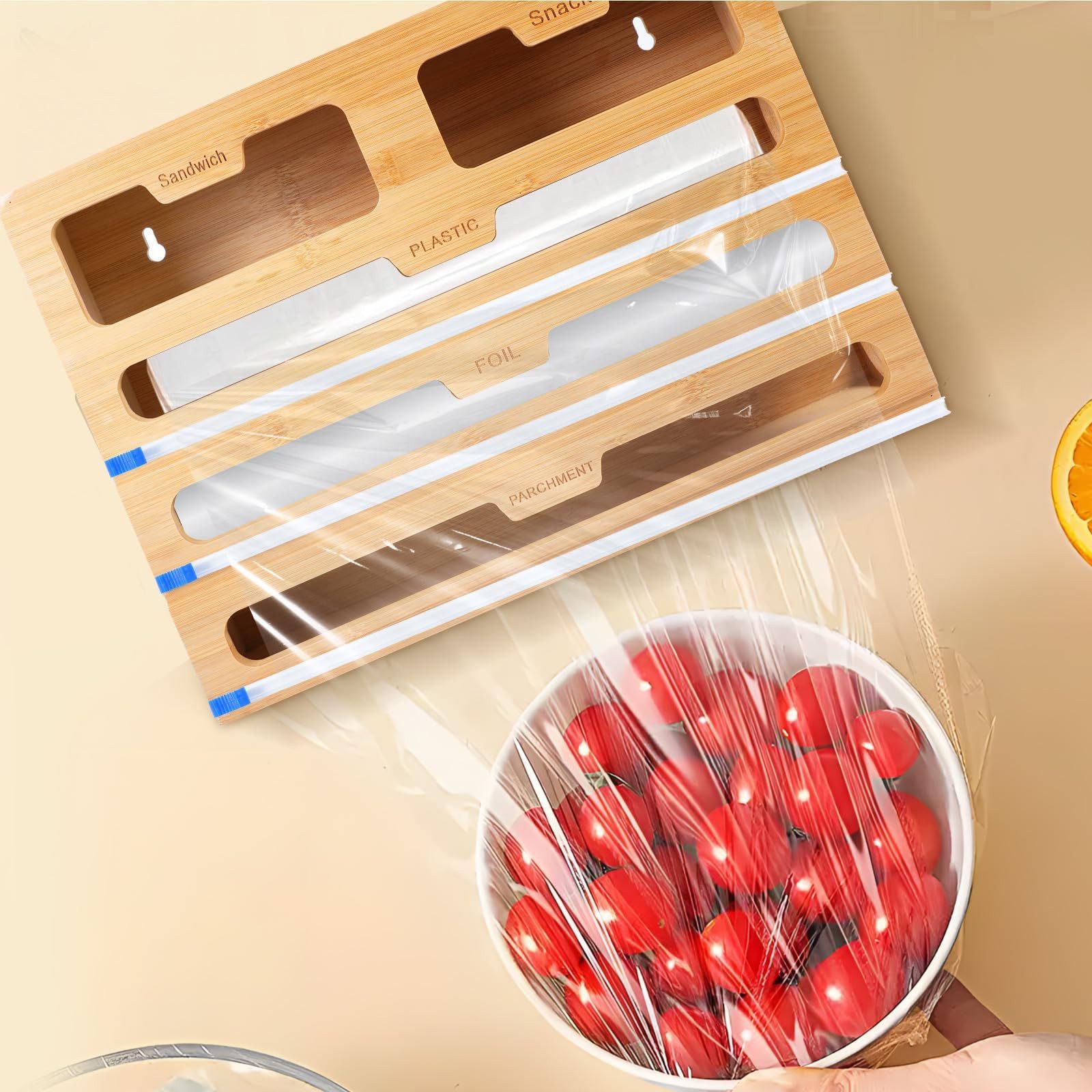 Youyijia Folienspender 5-in-1 Bambus Folienspender 5 Steckplätze für Schublade&Arbeitsplatte – Bild 3 von 5